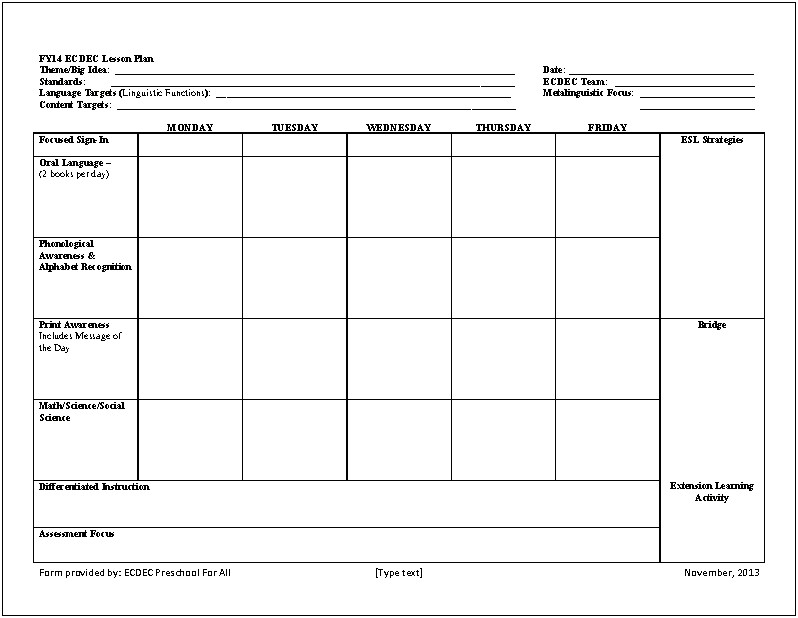 Google Sheet Monthly Lesson Plan Template For Preschool