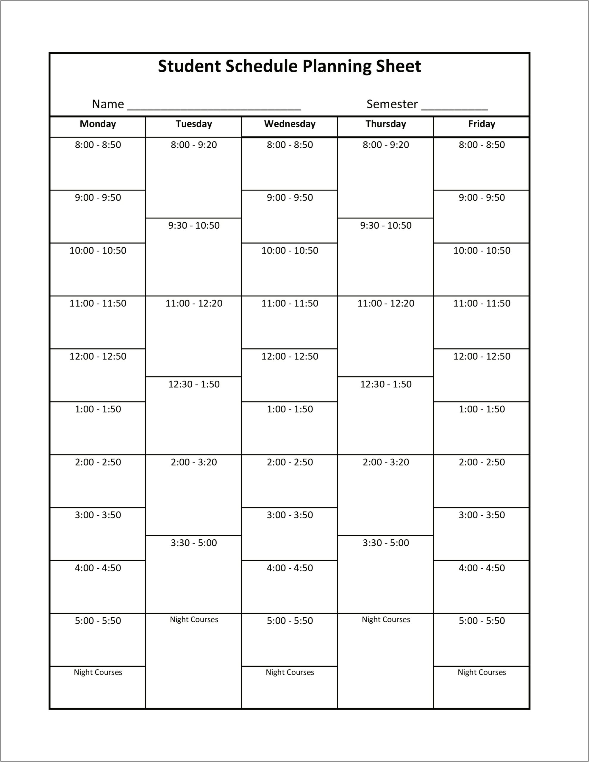 Google Sheets Template For Class Schedule College Planning