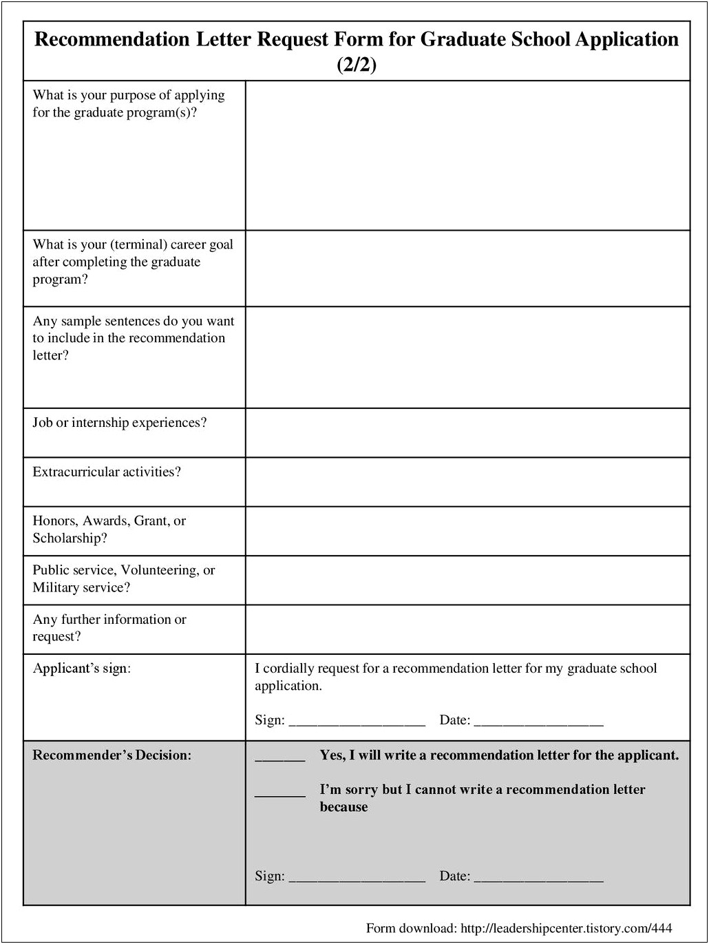 Grad School Letter Of Recommendation Request Template