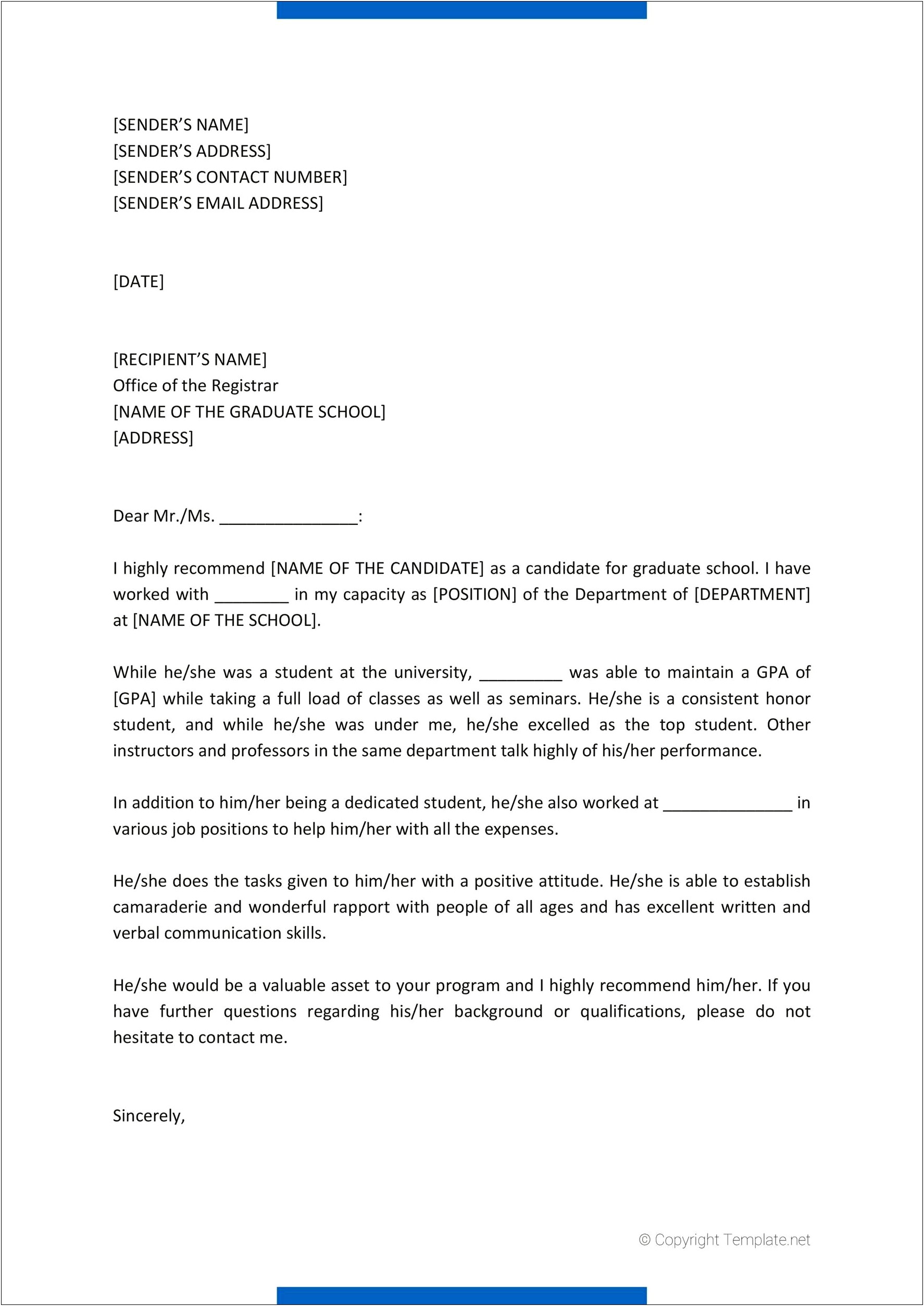 Grad School Recommendation Letter From Employer Template