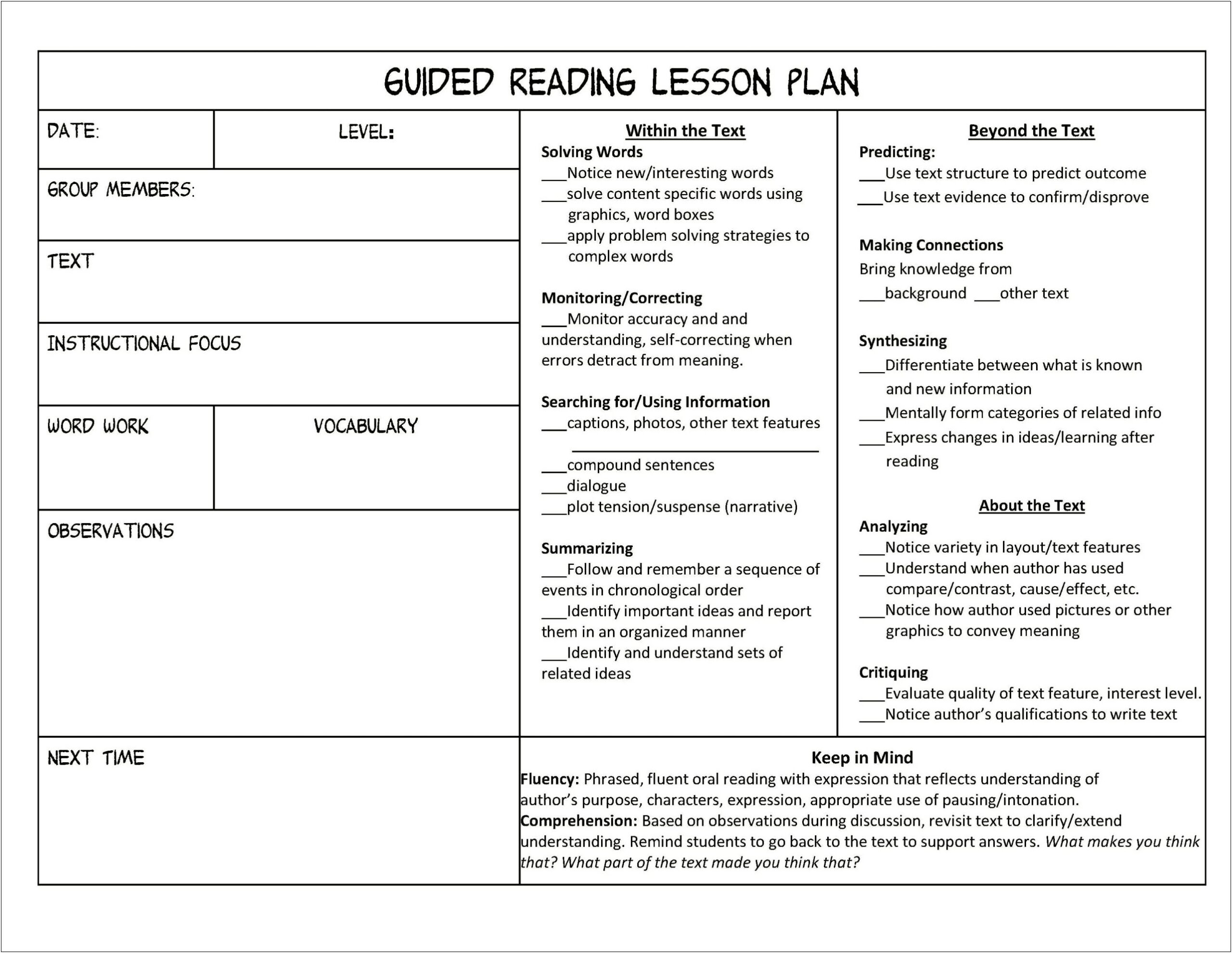 Grade 2 Guided Reading Template Plan Fluent Reader