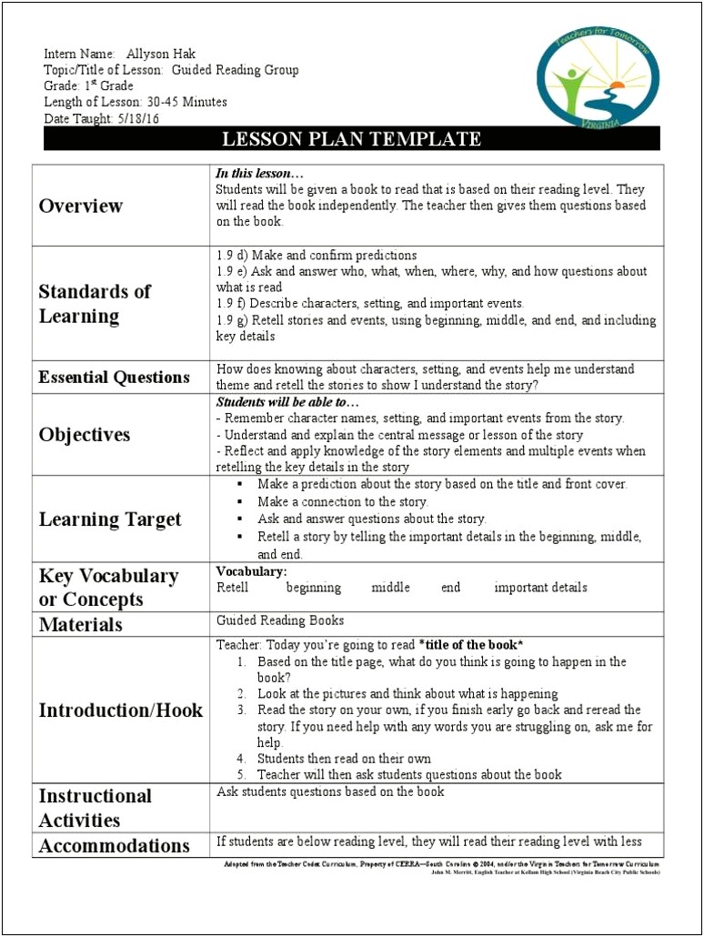 Grade 2 Guided Reading Template Plan