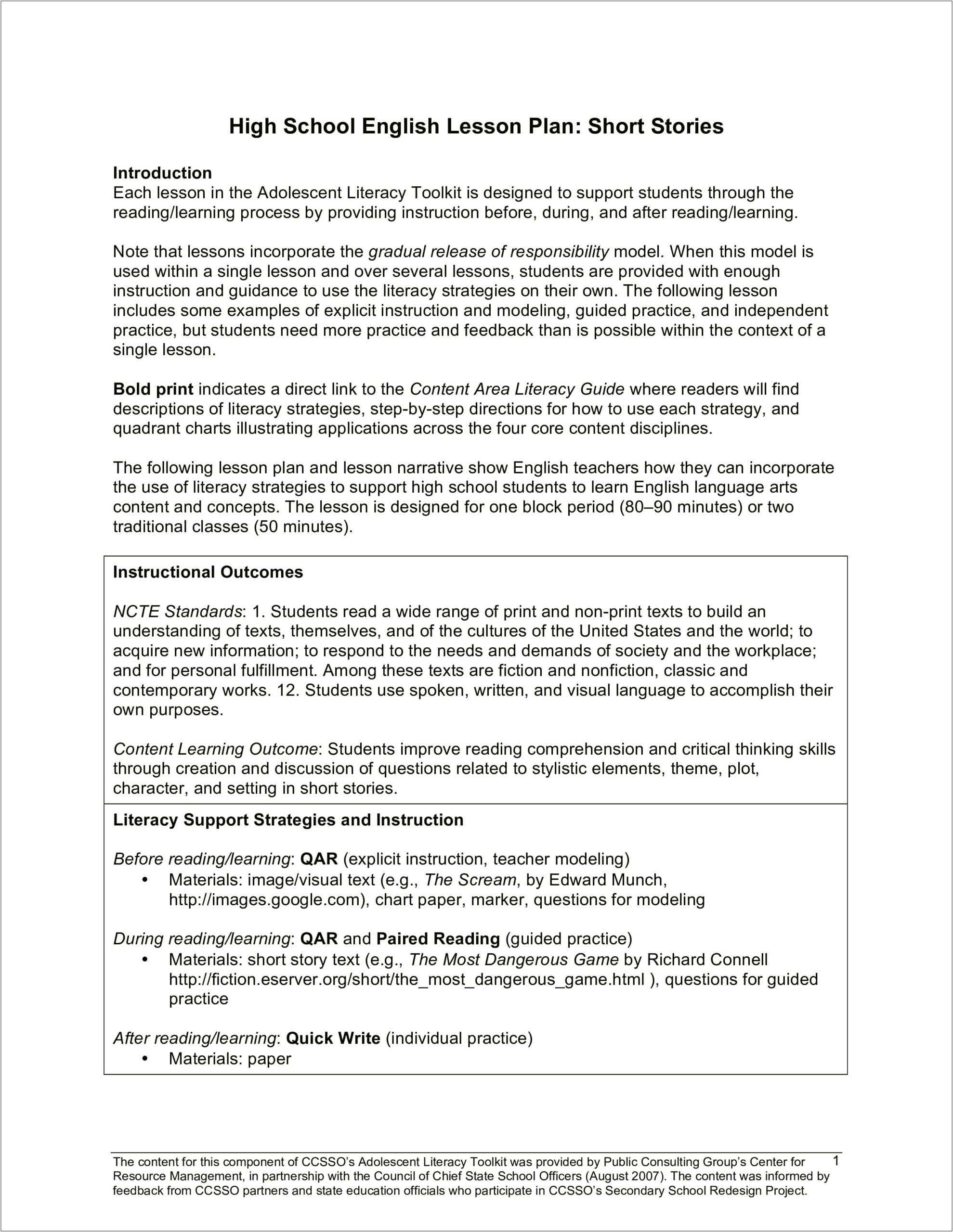 Gradual Release Of Responsibility Model Lesson Plan Template