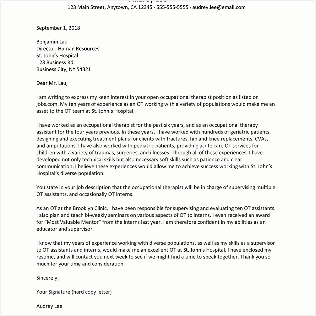 Graduate School Cover Letter Template Occupational Therapy