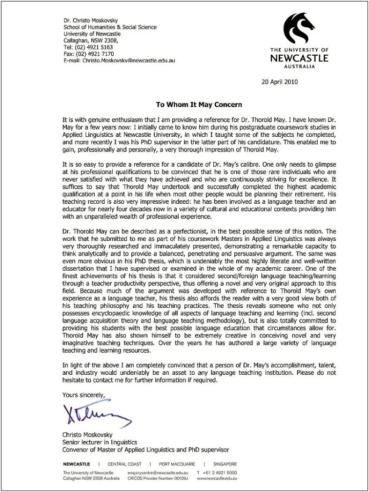 Graduate Student Letter Of Recommendation Template