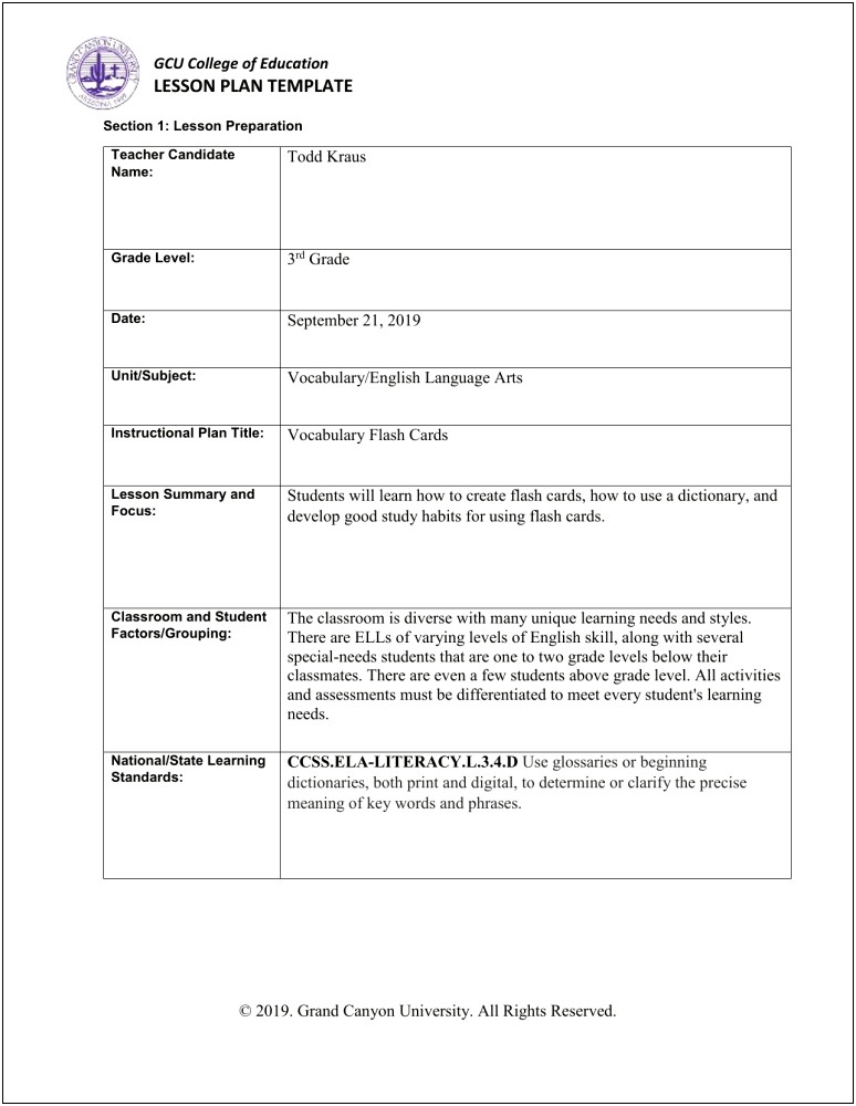 Grand Canyon University Coe Lesson Plan Template