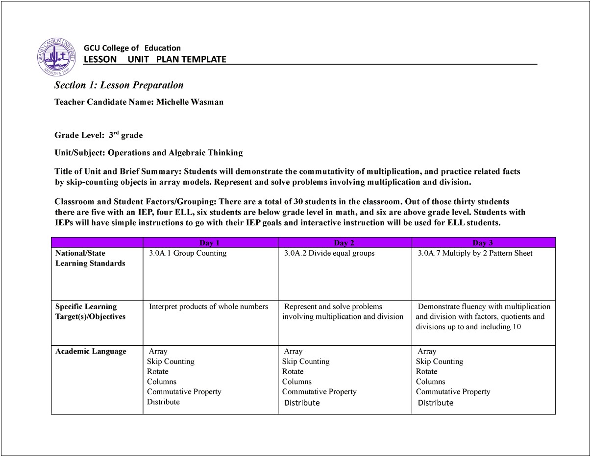 Grand Canyon University Lesson Plan Template