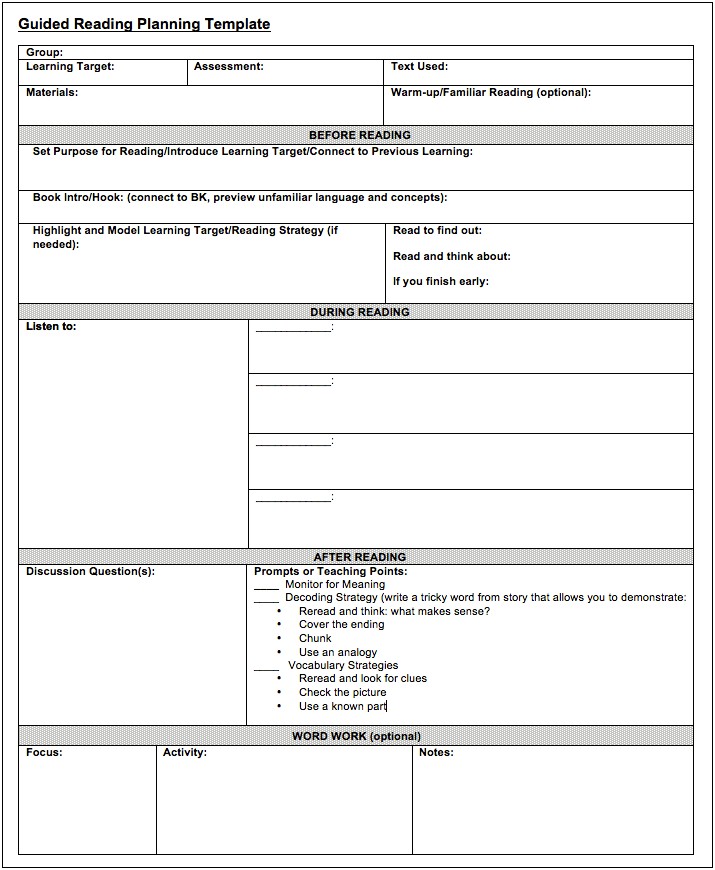 Guide Reading Lesson Plans Template For First Grade