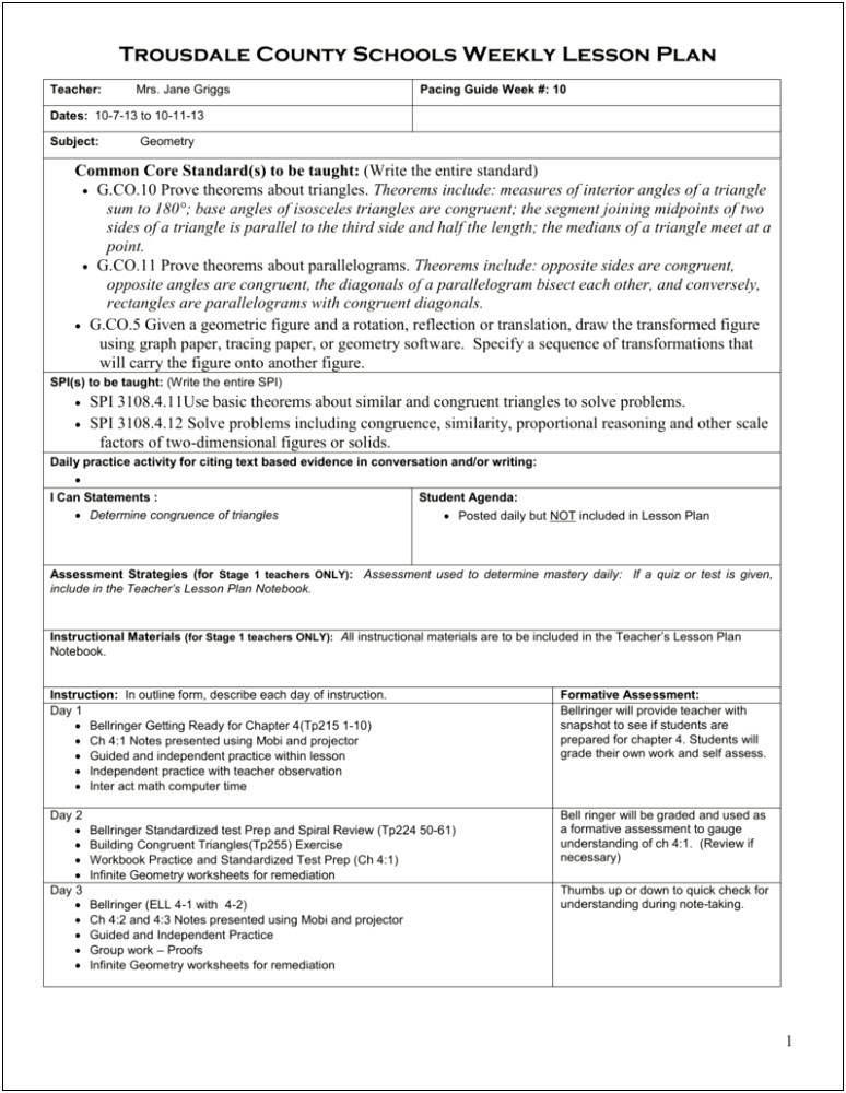 Guided Math Lesson Plan Template Fourth Grade