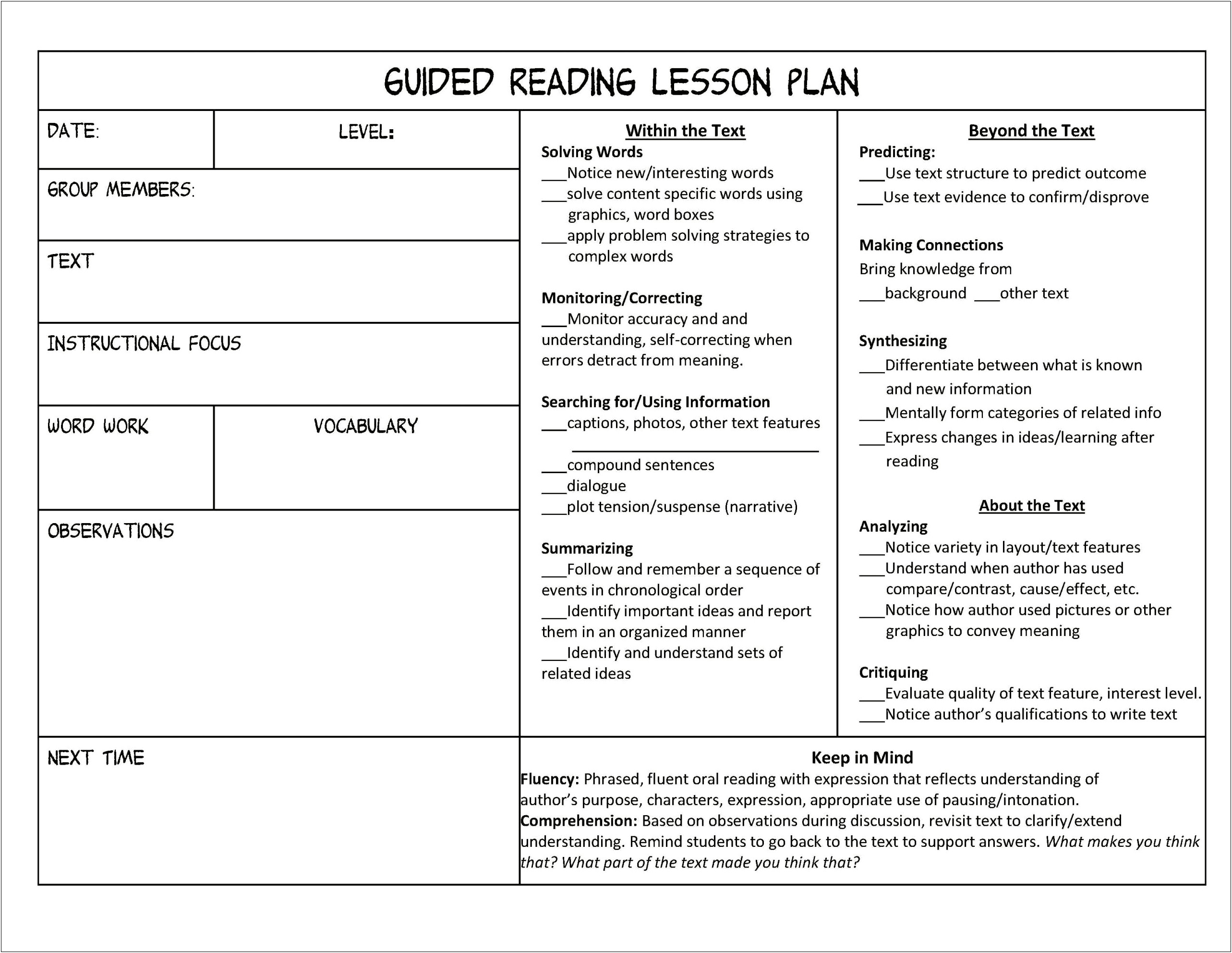 Guided Reading Lesson Plan Template 1st Grade