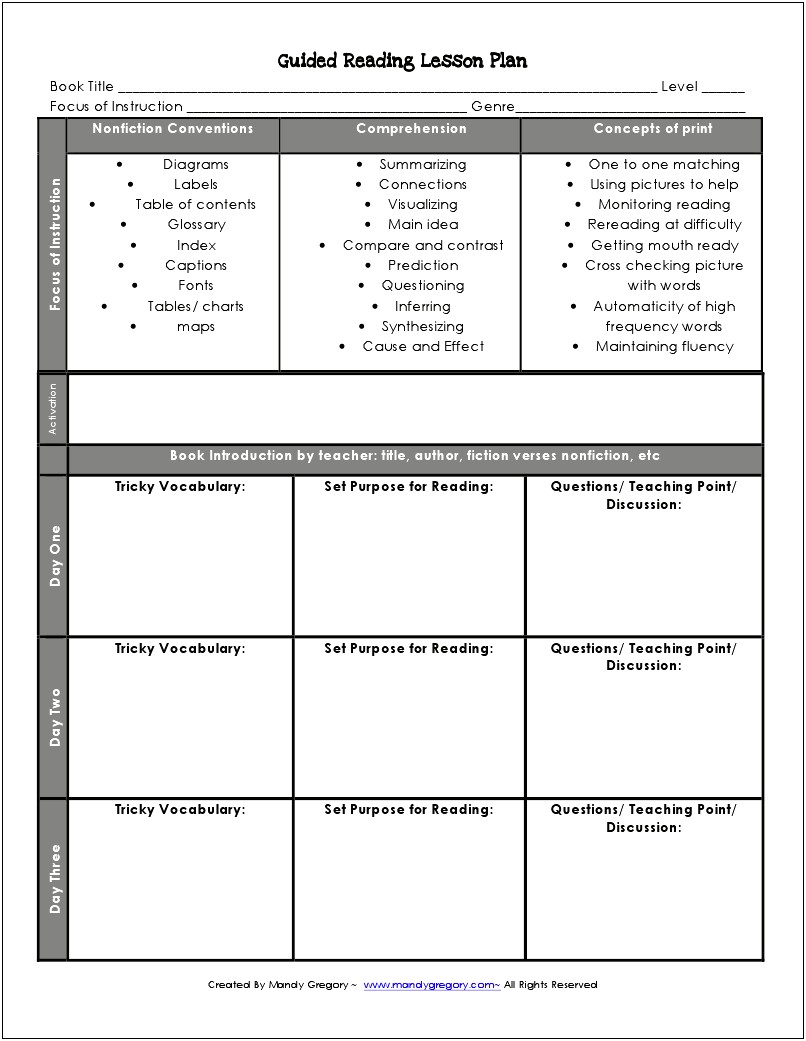 Guided Reading Lesson Plan Template By Reading Levels