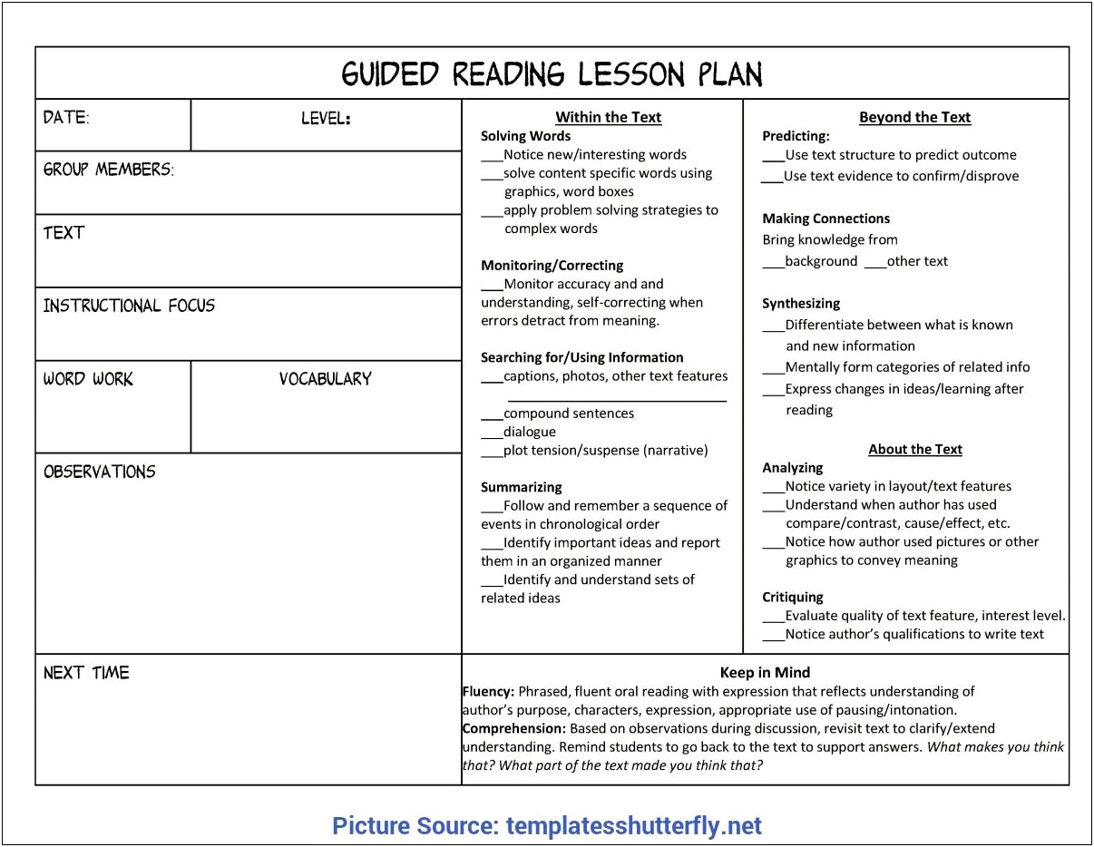 Guided Reading Lesson Plan Template Fourth Grade