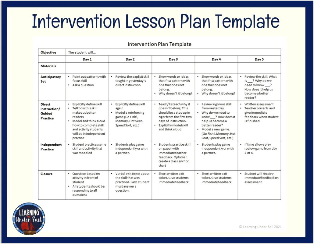 Half Day Kindergarten Lesson Plan Template