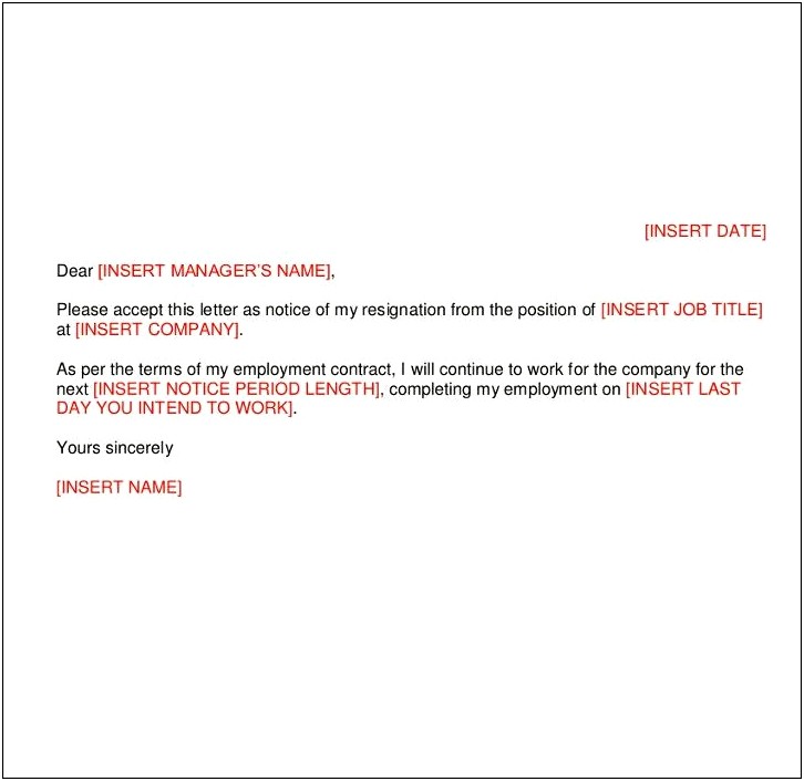 Handing In Notice At Work Letter Template