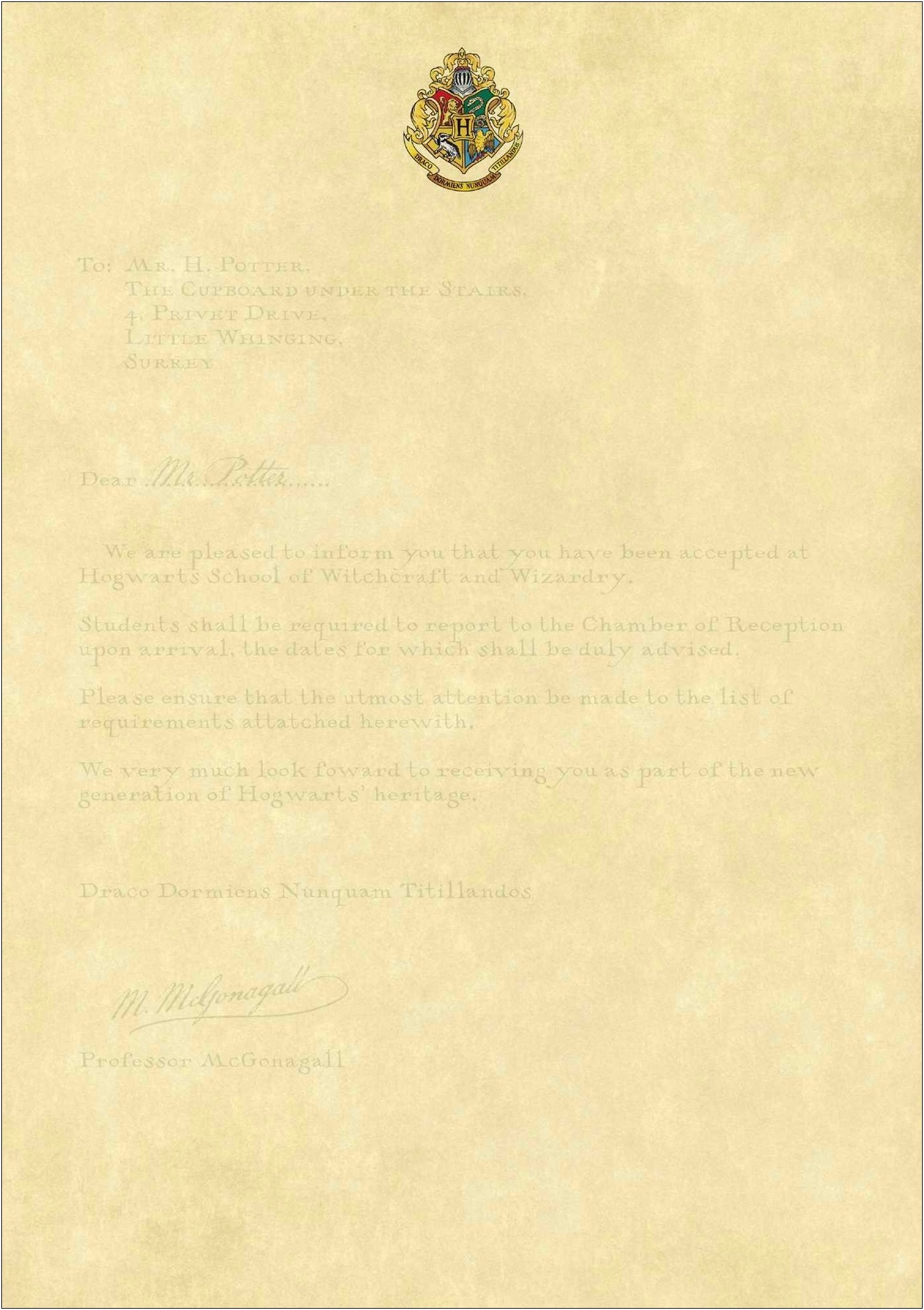 Harry Potter Acceptance Letter Template Blank