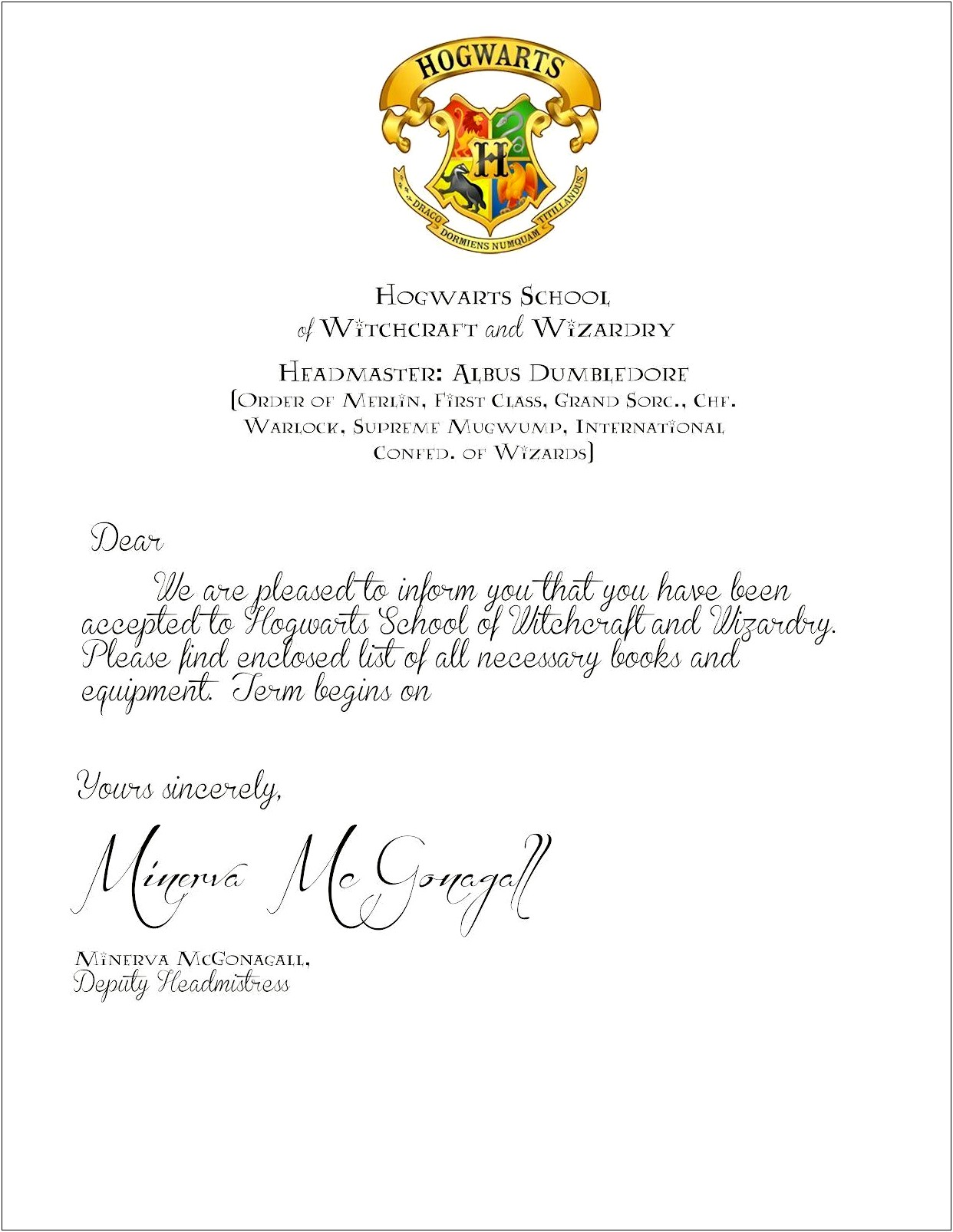 Harry Potter Hogwarts Letter From Movie Template