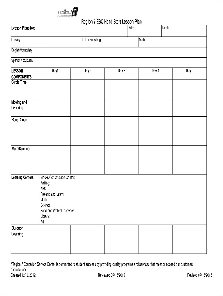 Head Start Weekly Lesson Plan Template