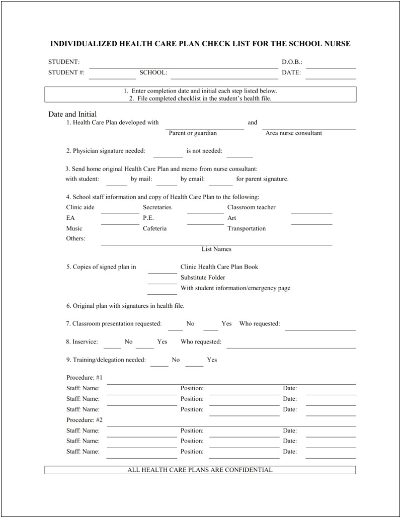 Health Care Plan Template For Schools