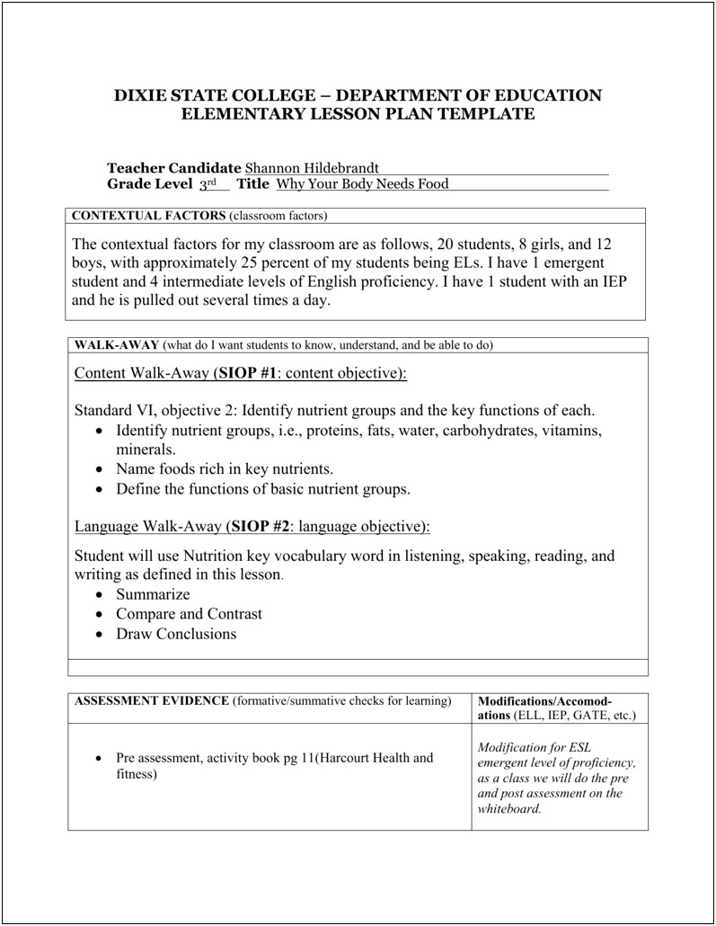 Health Promotion And Planning Esson Plan Template