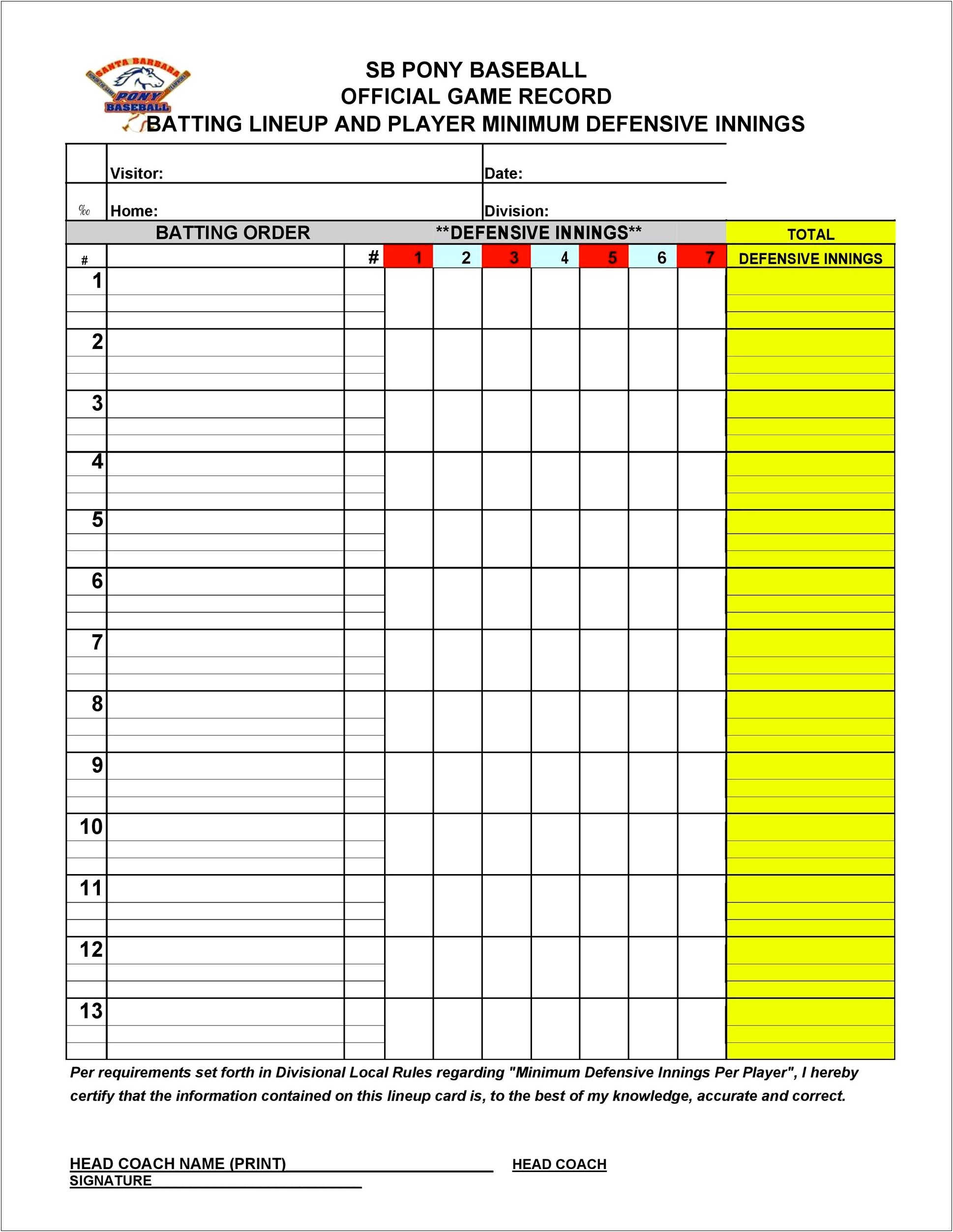 High School Baseball Lineup Card Template