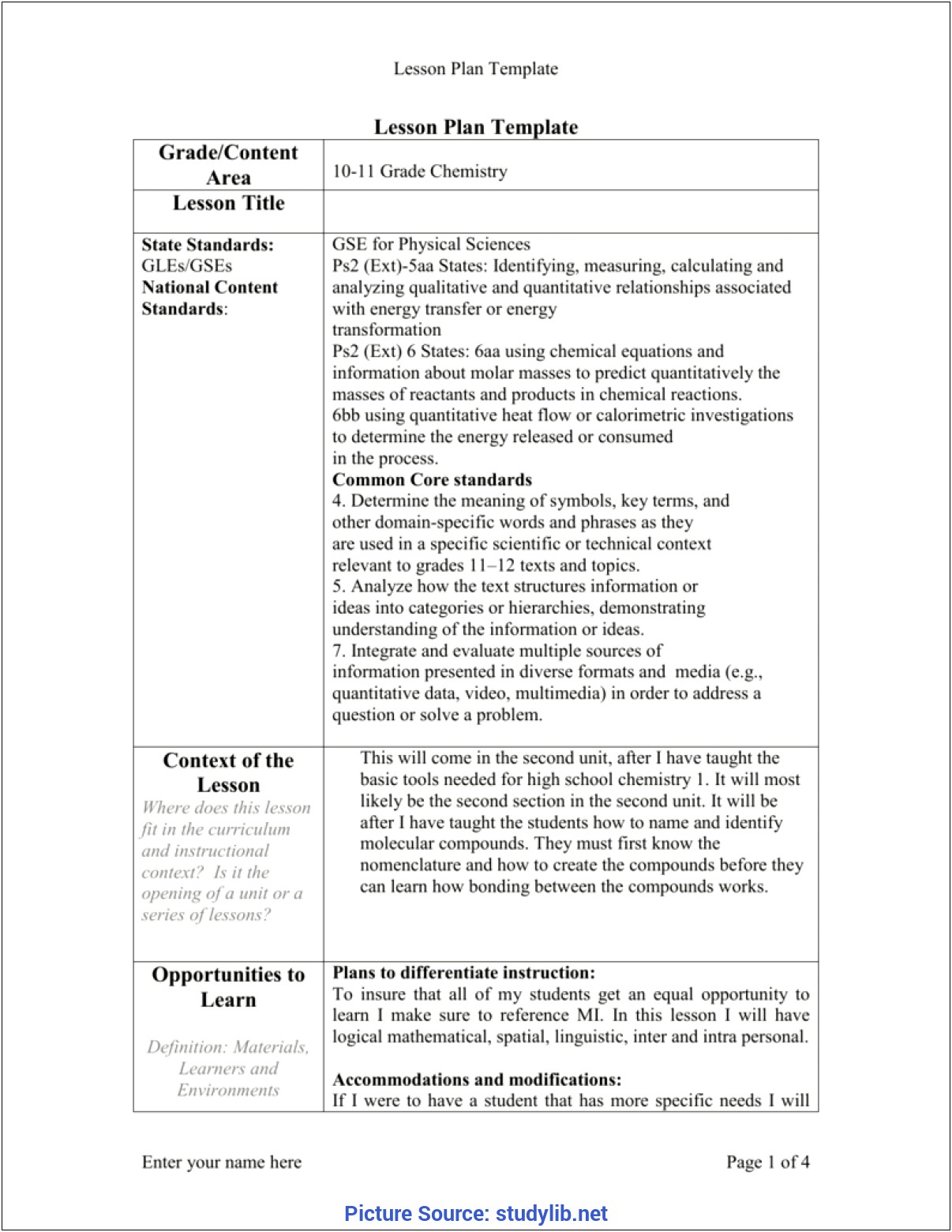 High School Chemistry Lesson Plan Template