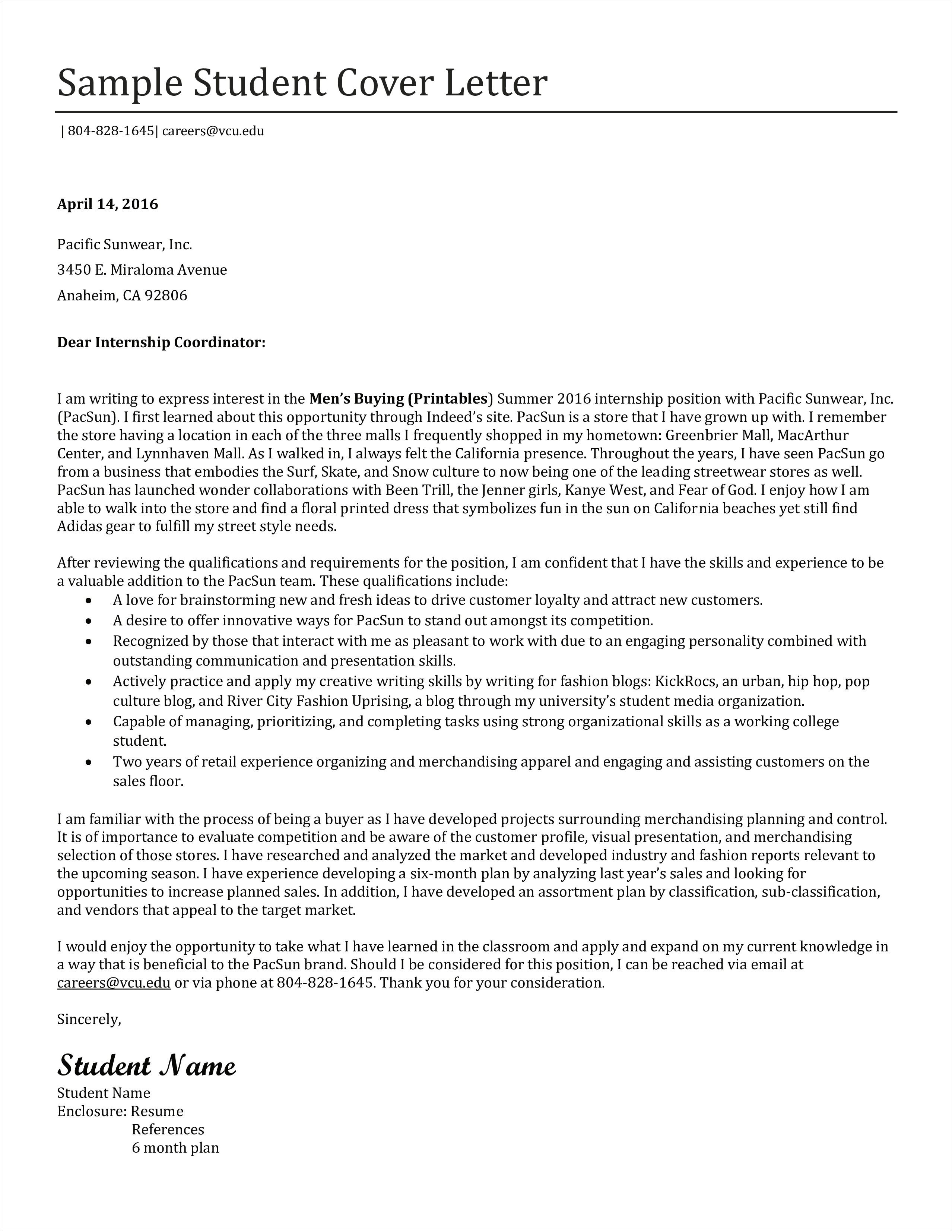 High School Internship Cover Letter Template