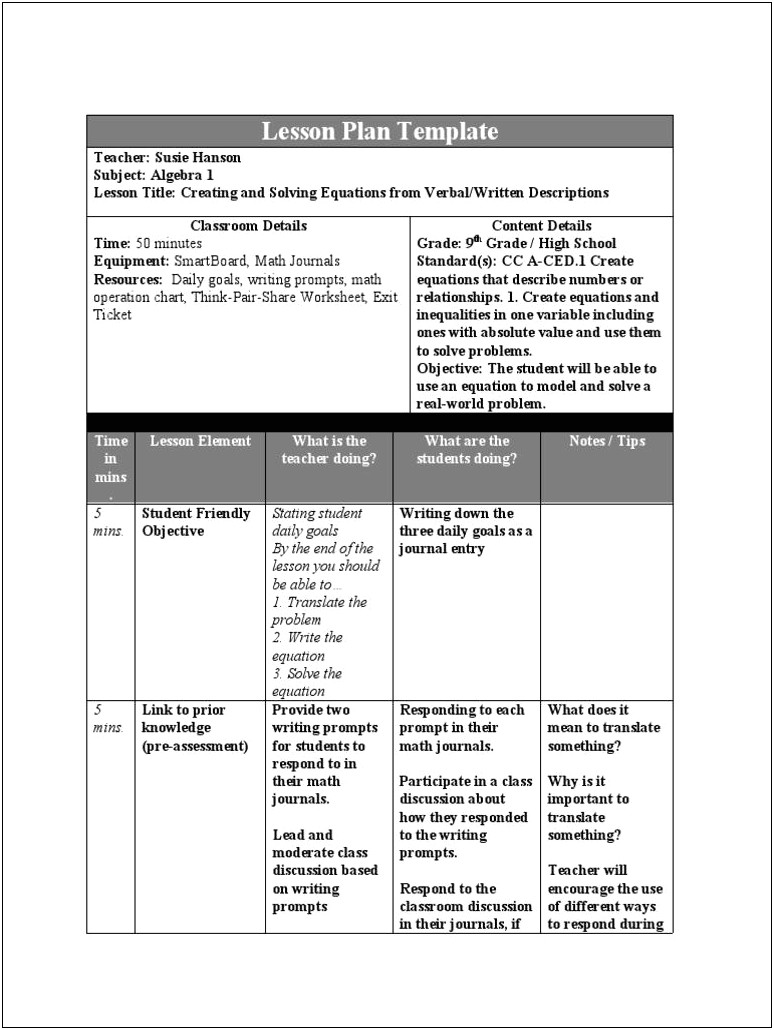 High School Math Lesson Plan Template