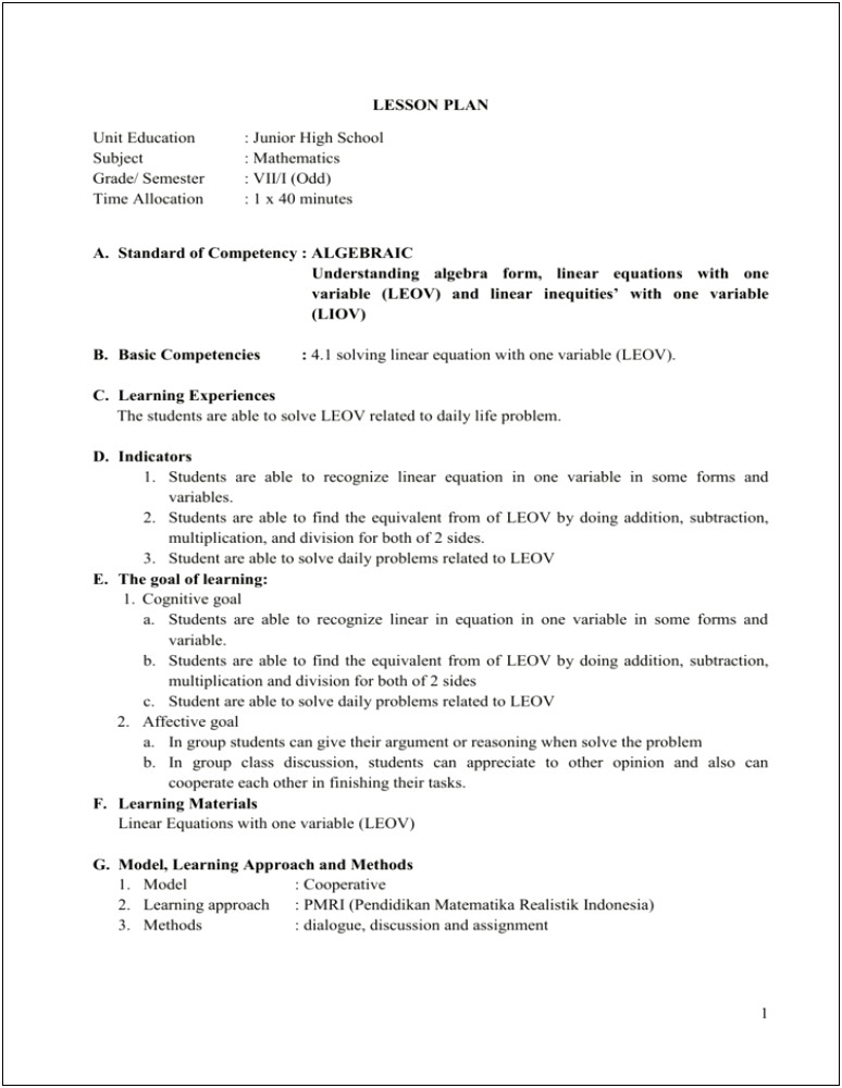 High School Mathematics Lesson Plan Template