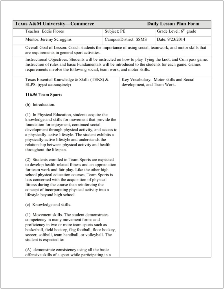 High School Physical Education Lesson Plan Template