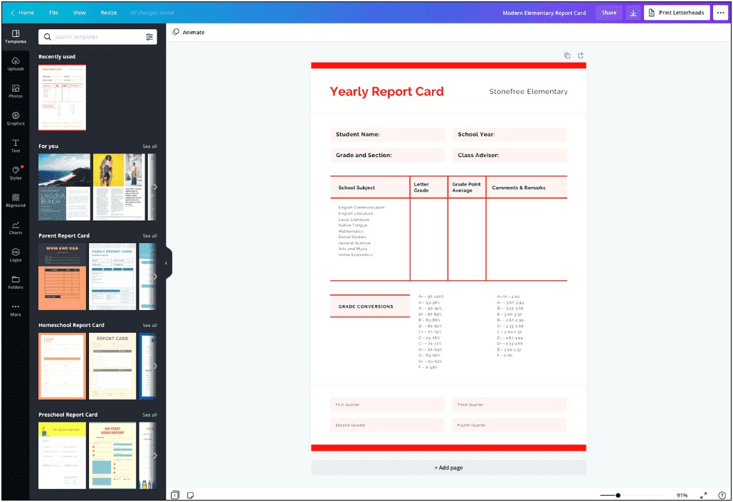 High School Report Card Template Excel