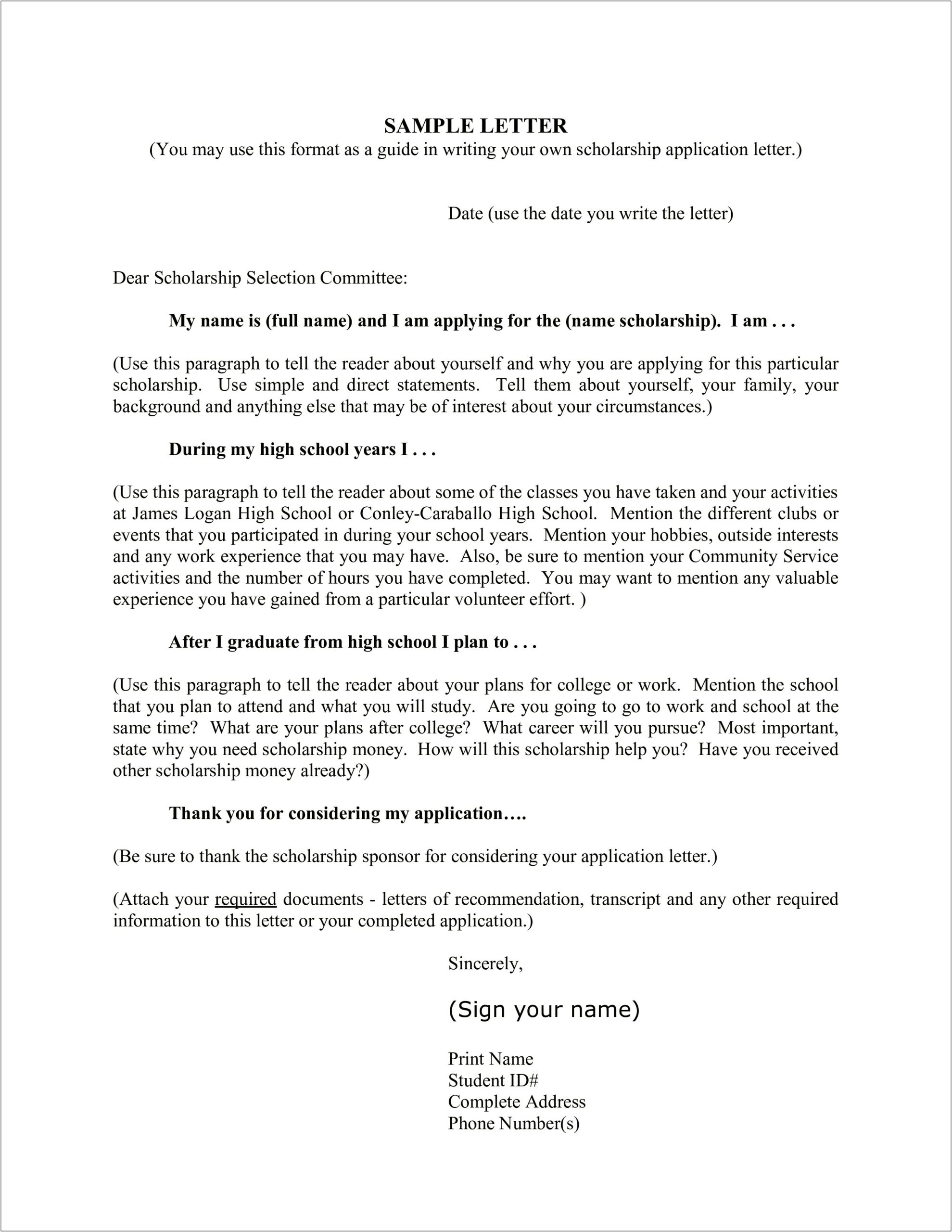 High School Scholarship Cover Letter Template