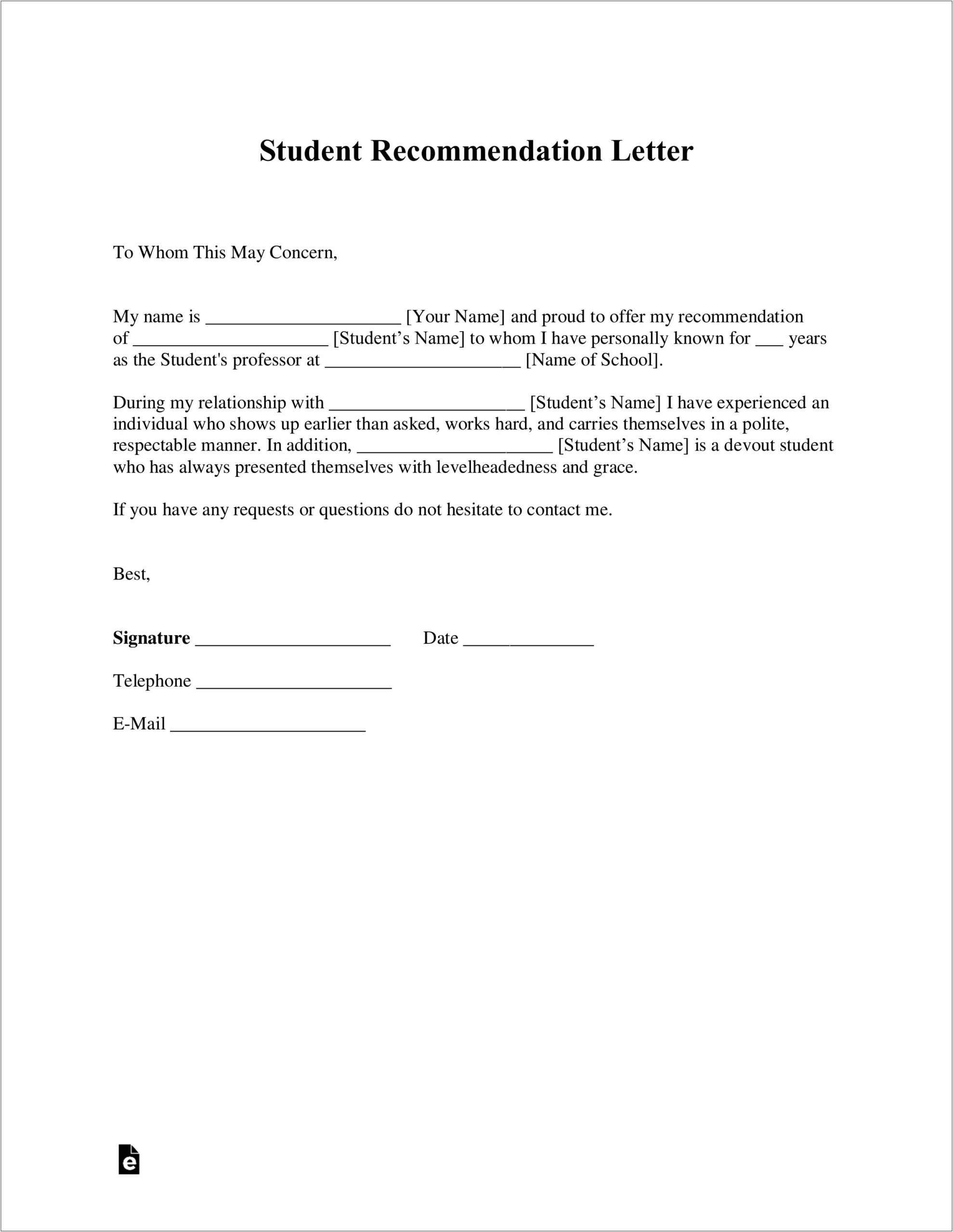 High School Scholarship Letter Of Recommendation Template