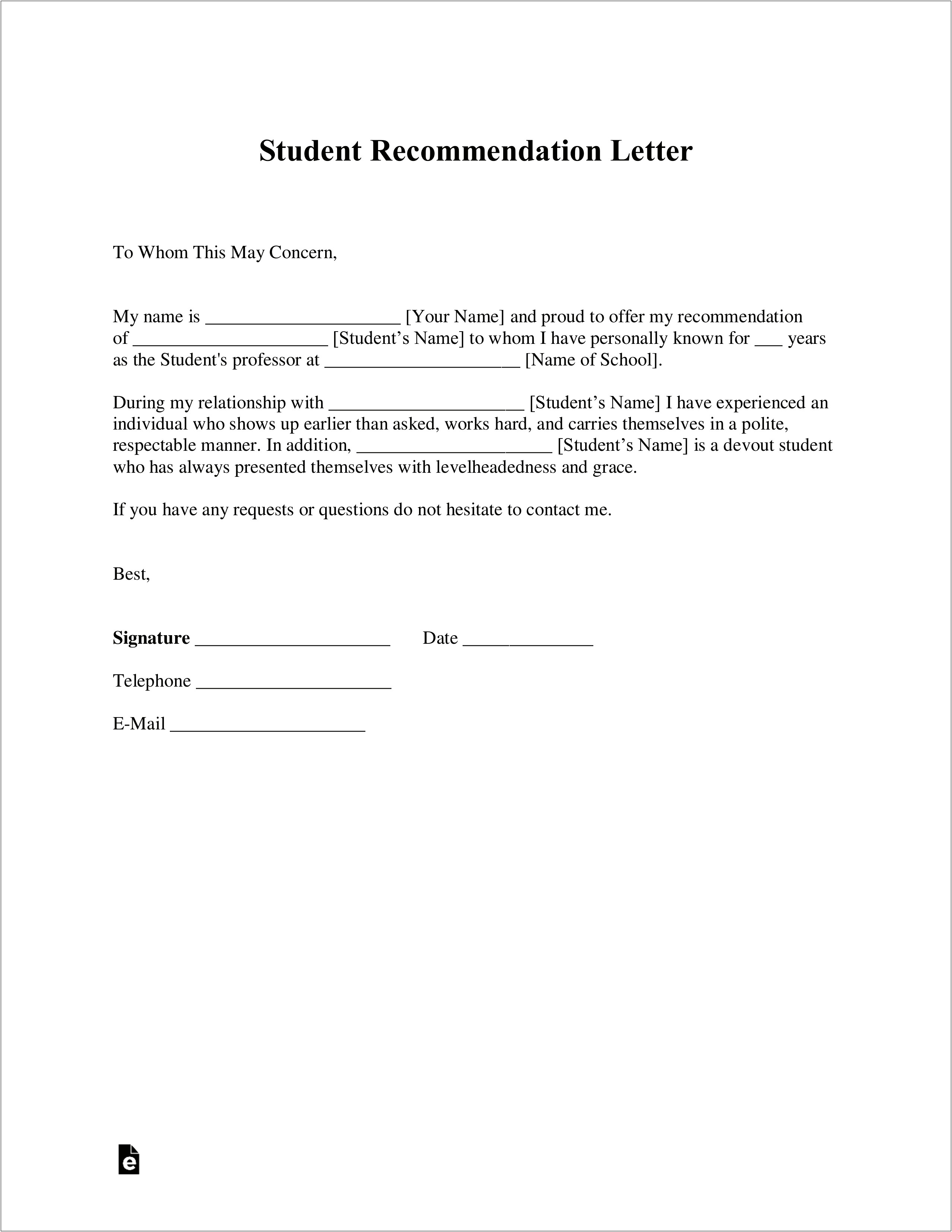 High School Scholarship Letter Of Recommendation Template