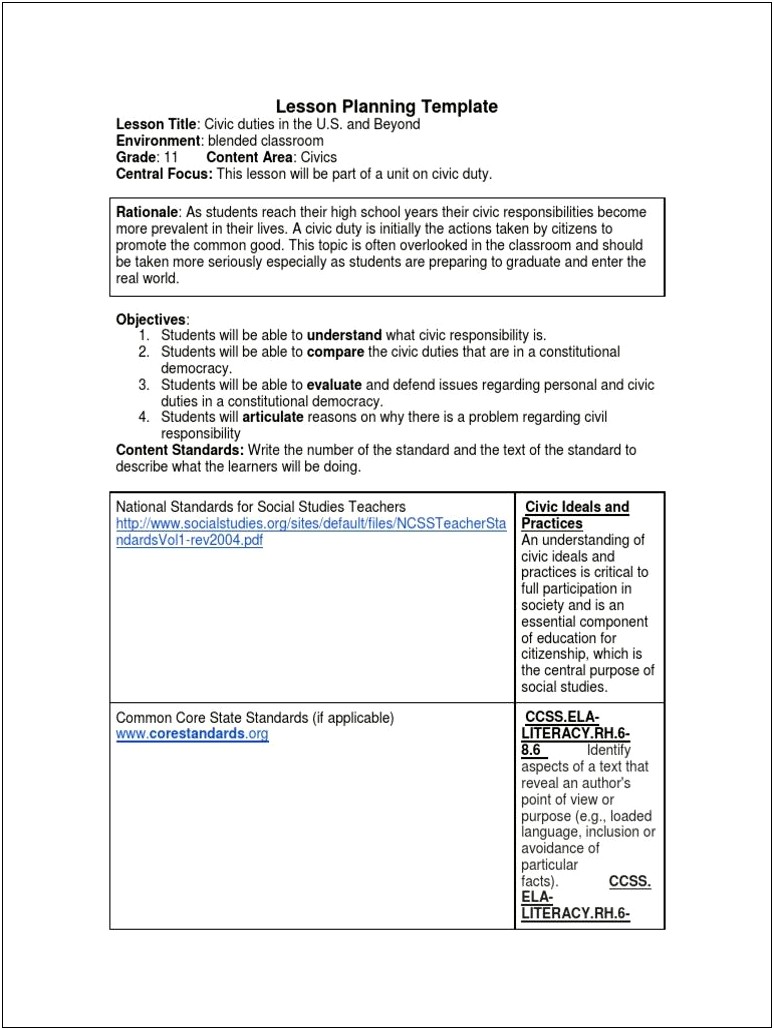 High School Social Studies Lesson Plan Template