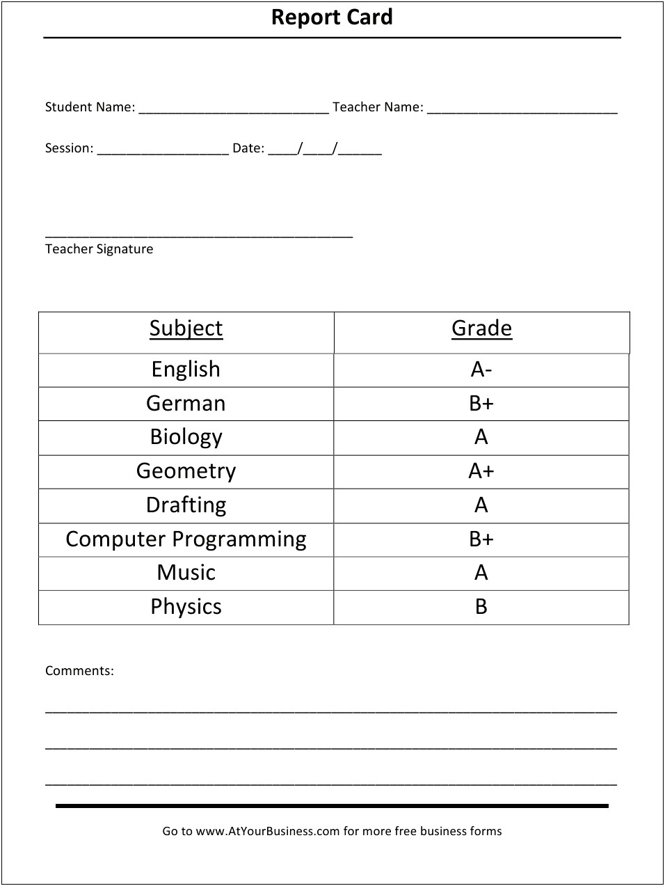 High School Student Report Card Template