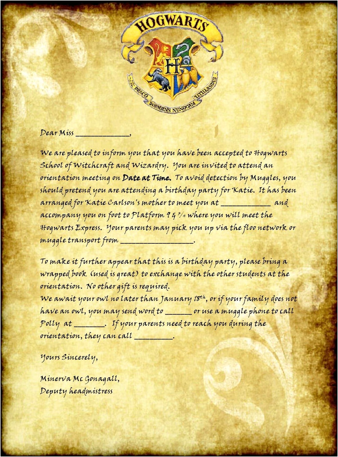 Hogwarts Acceptance Letter Party Invitation Template