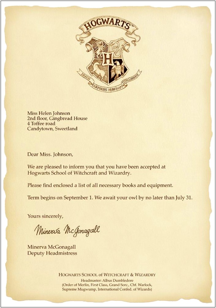 Hogwarts Acceptance Letter Template Fro Party Invites