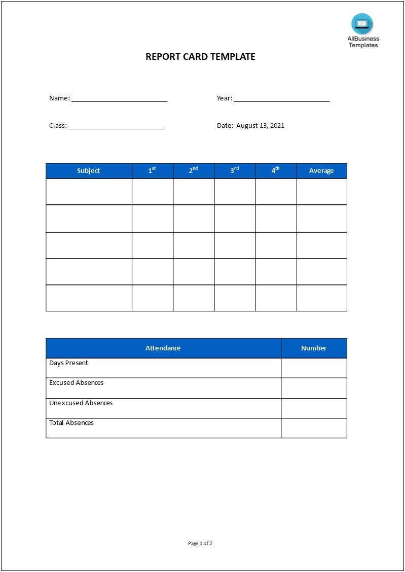 Homeschool Middle School Report Card Template