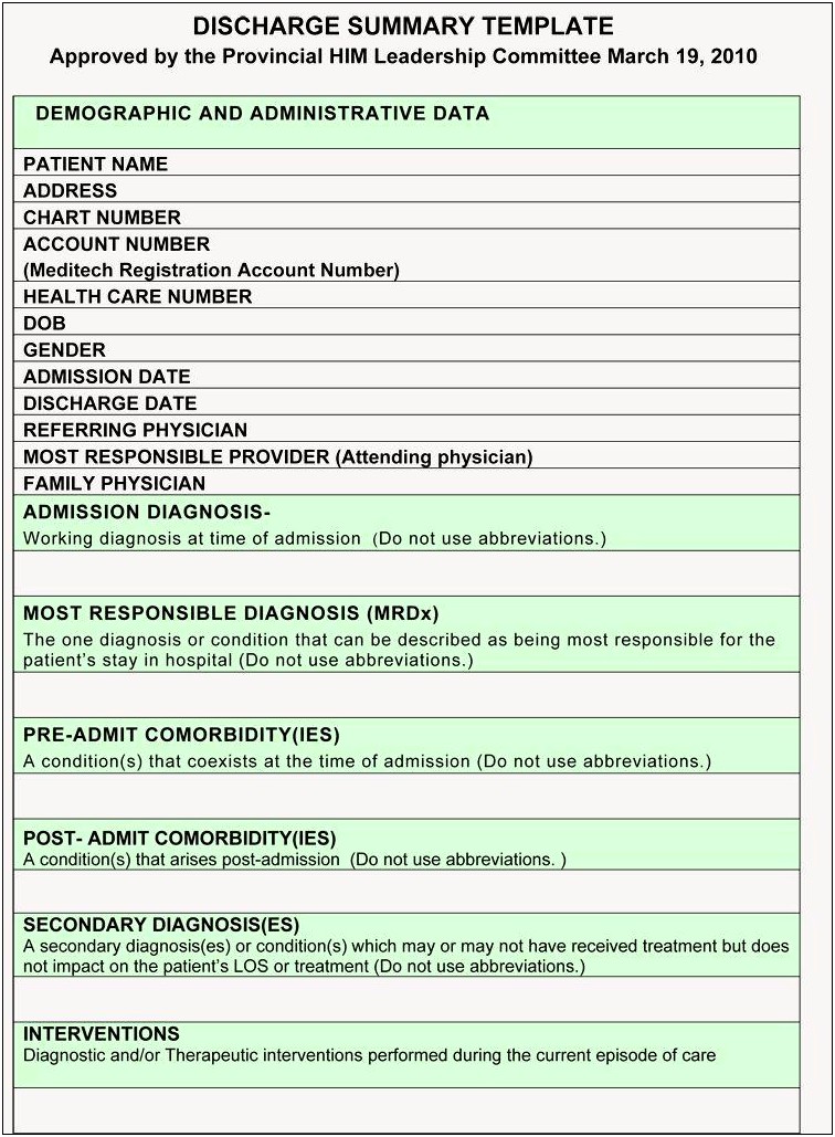 Hospital Discharge Note Template Word Doc