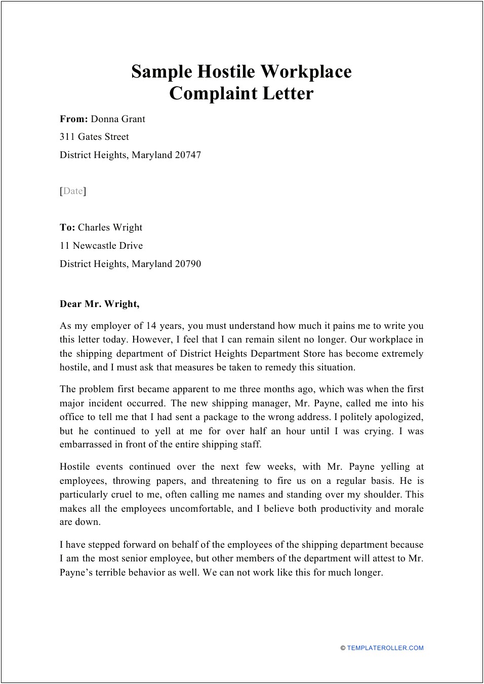 Hostile Work Environment Complaint Letter Template