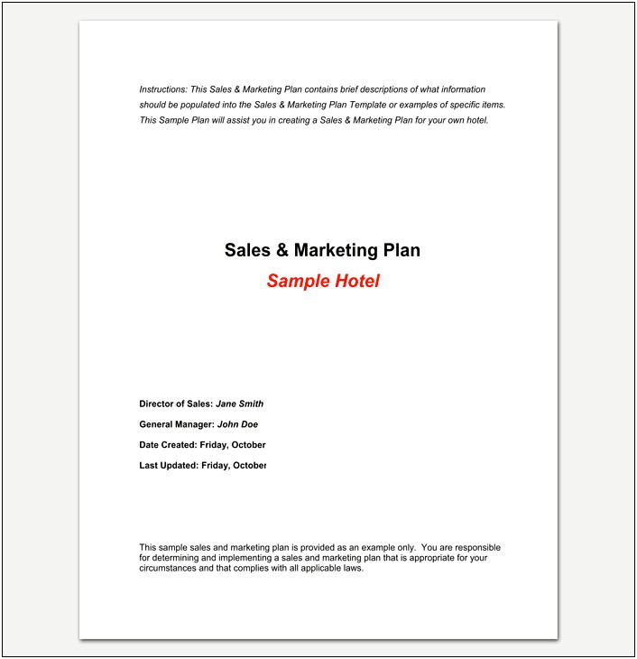 Hotel Sales Plan Of Action Template