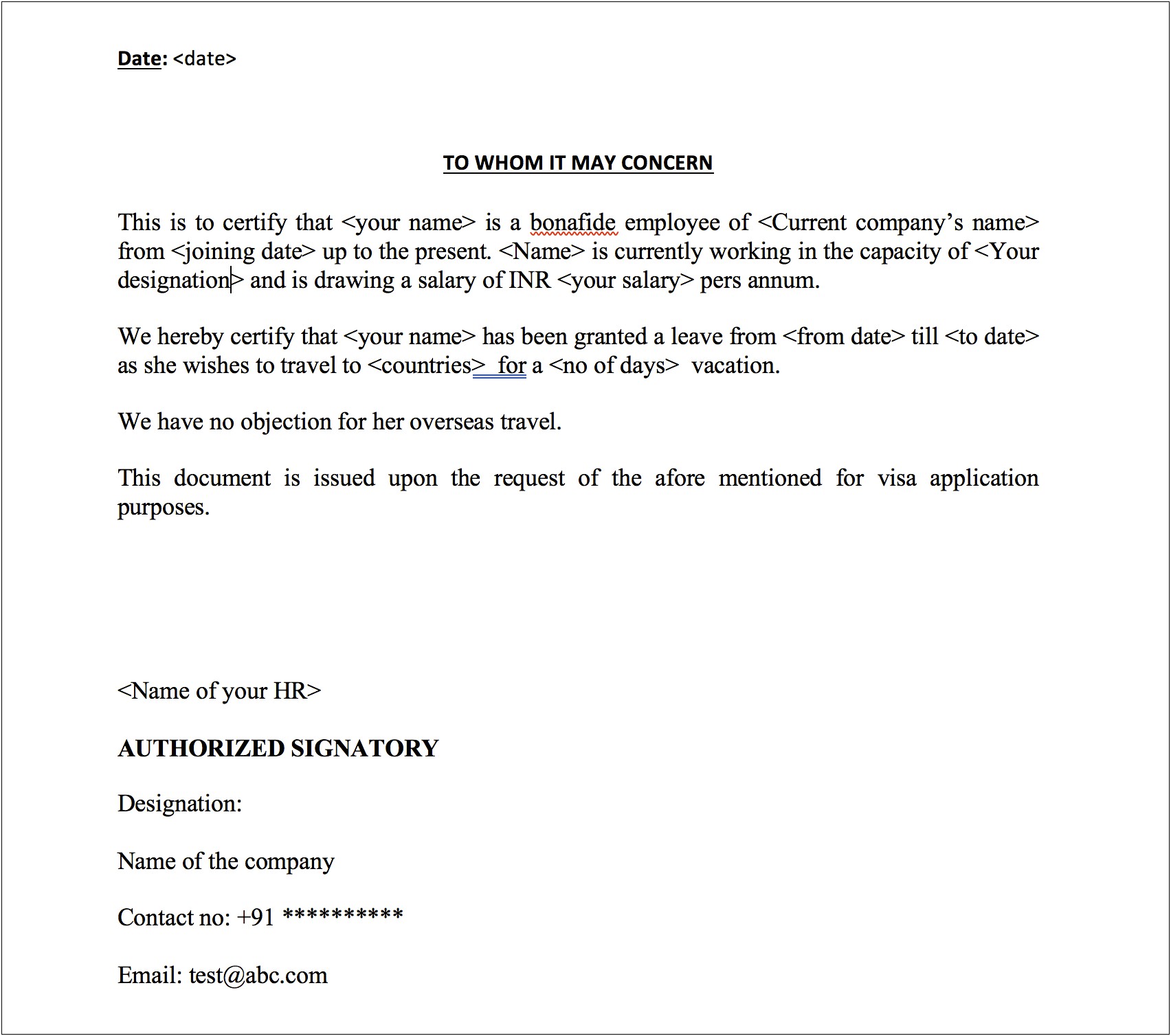 Hr Letter Template For Schengen Visa