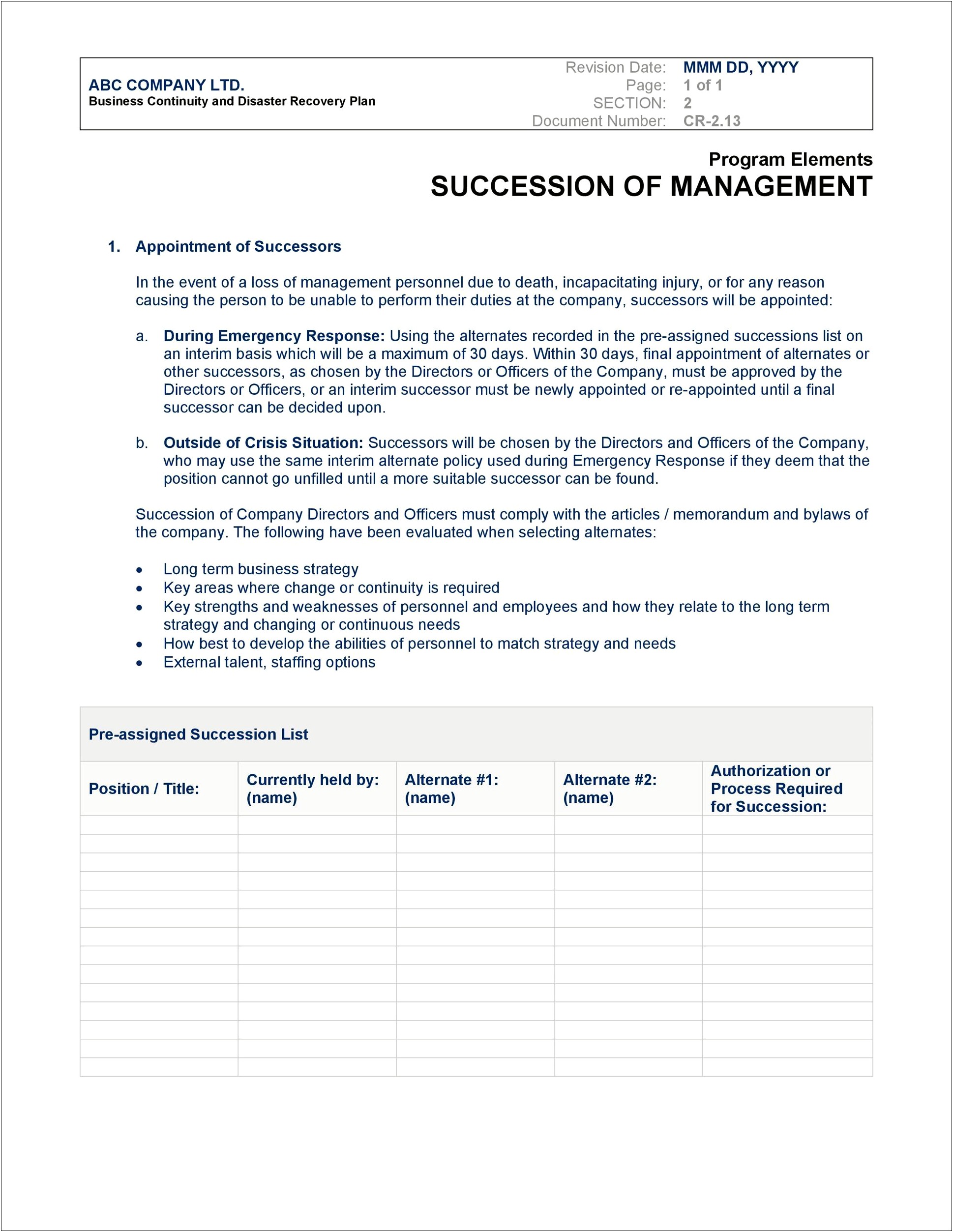 Human Resources Disaster Recovery Plan Template