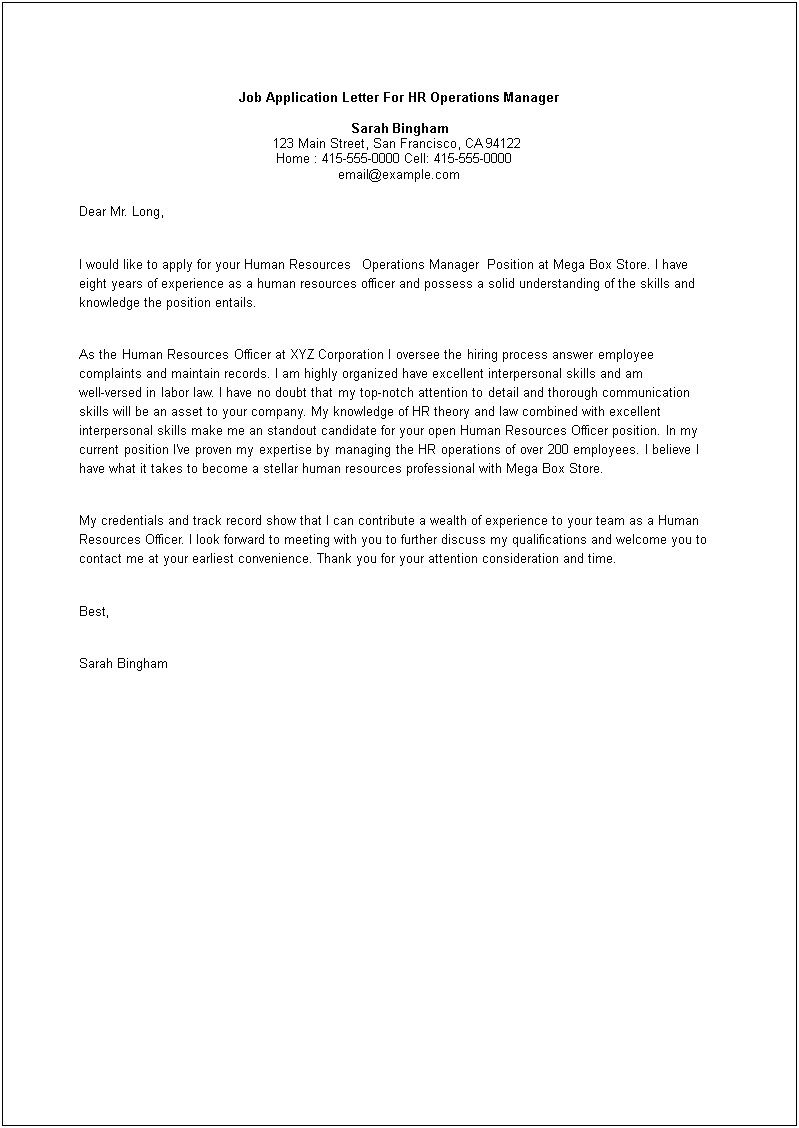 Human Resources Job Cover Letter Template