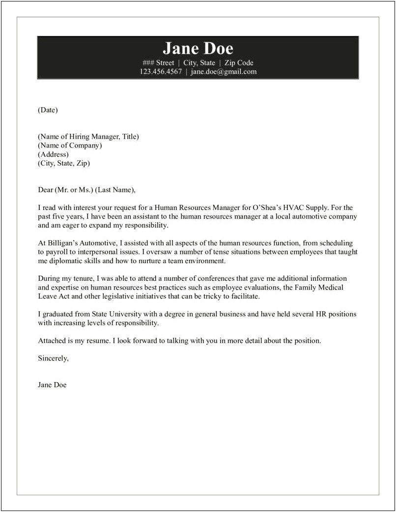 Human Resources Manager Cover Letter Template