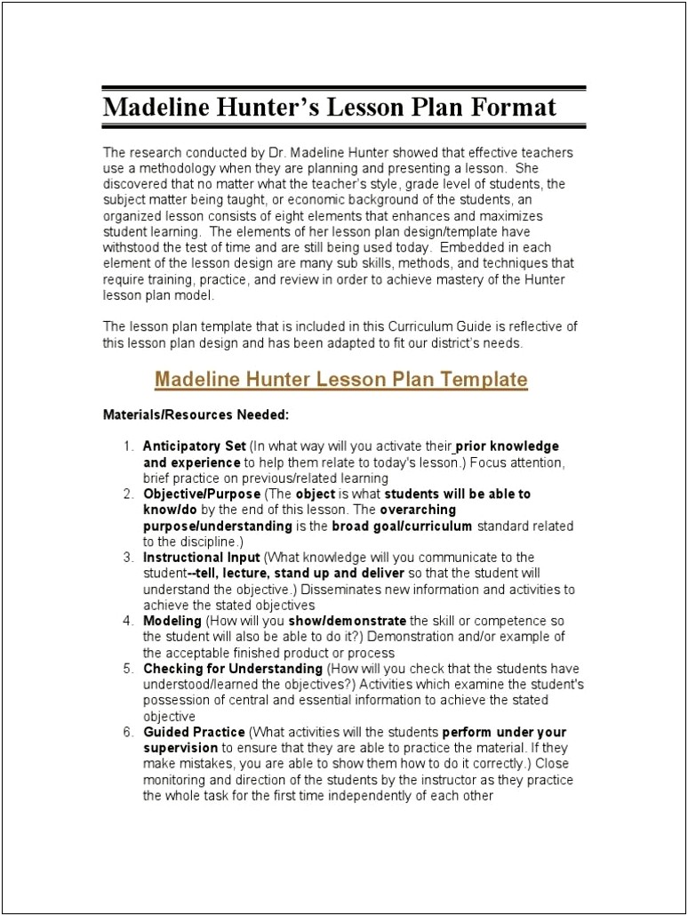 Hunter Lesson Plan Template Early Childhood Education