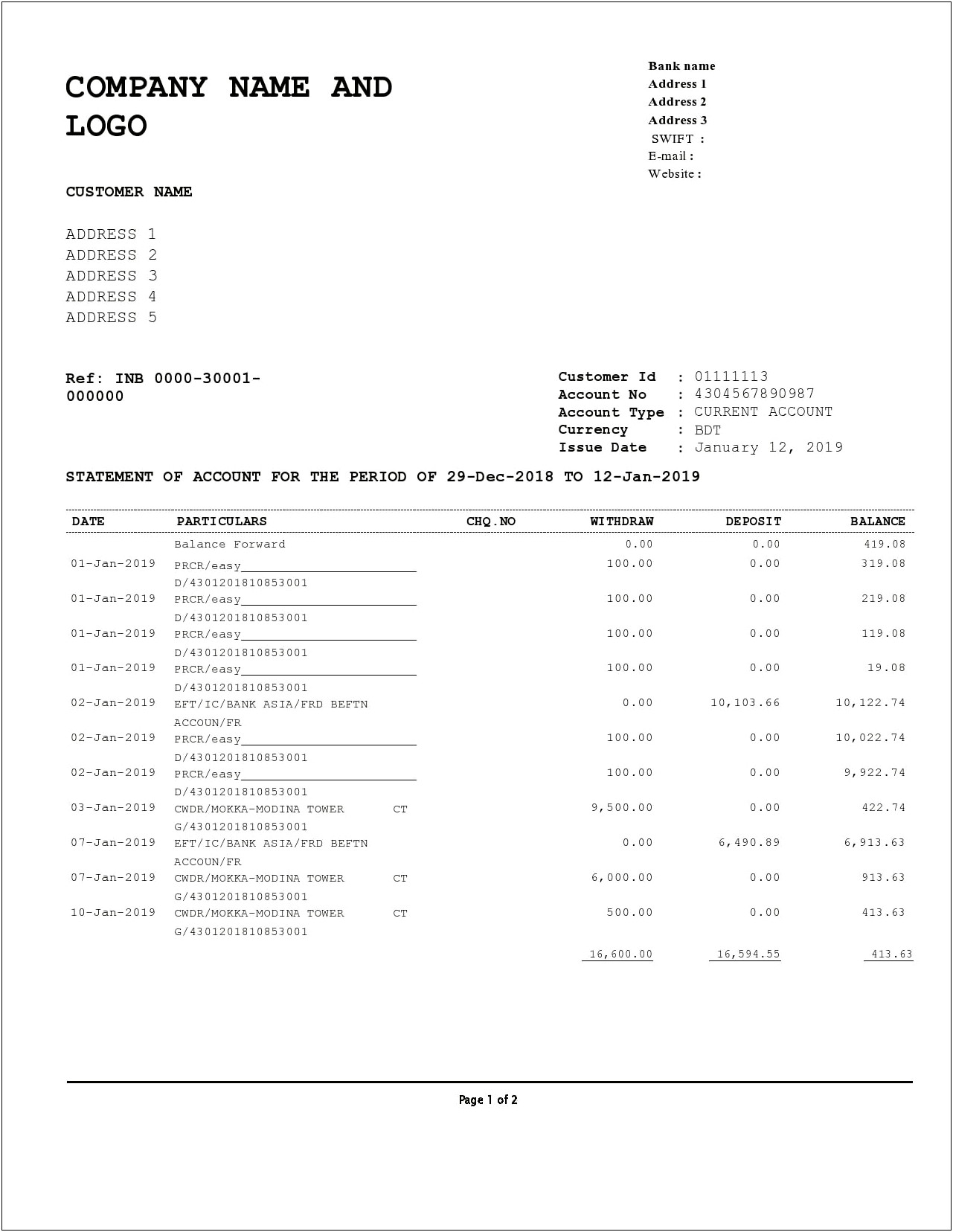 Huntington Bank Statement Form Template Word