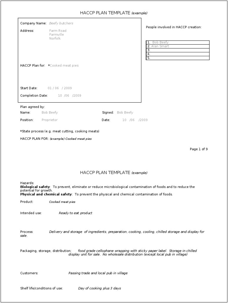 Ice Cream Shop Haccp Plan Template