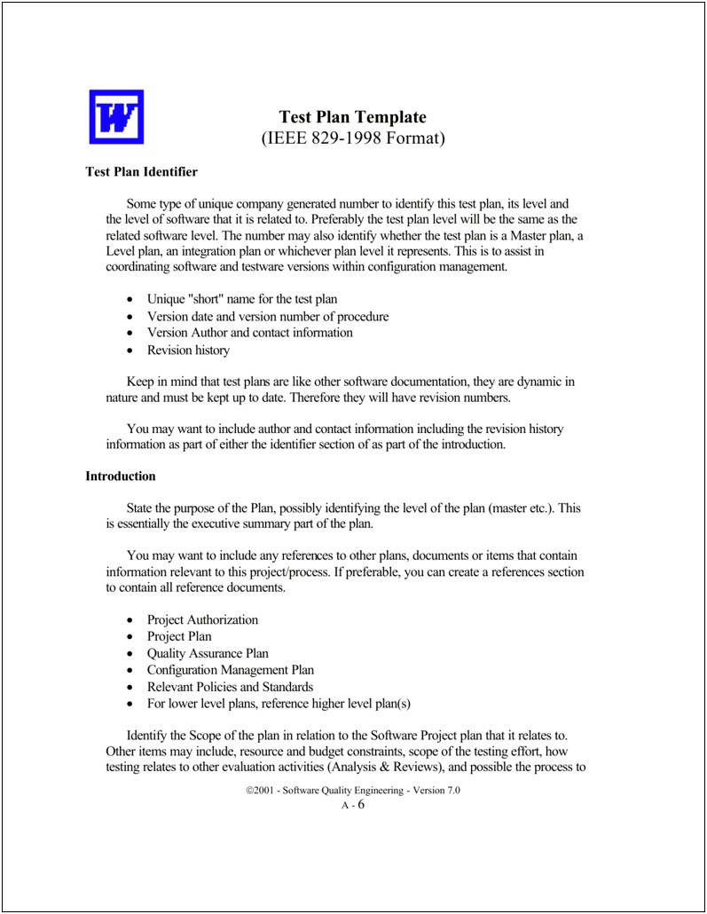 Ieee 829 Test Plan Template Excel