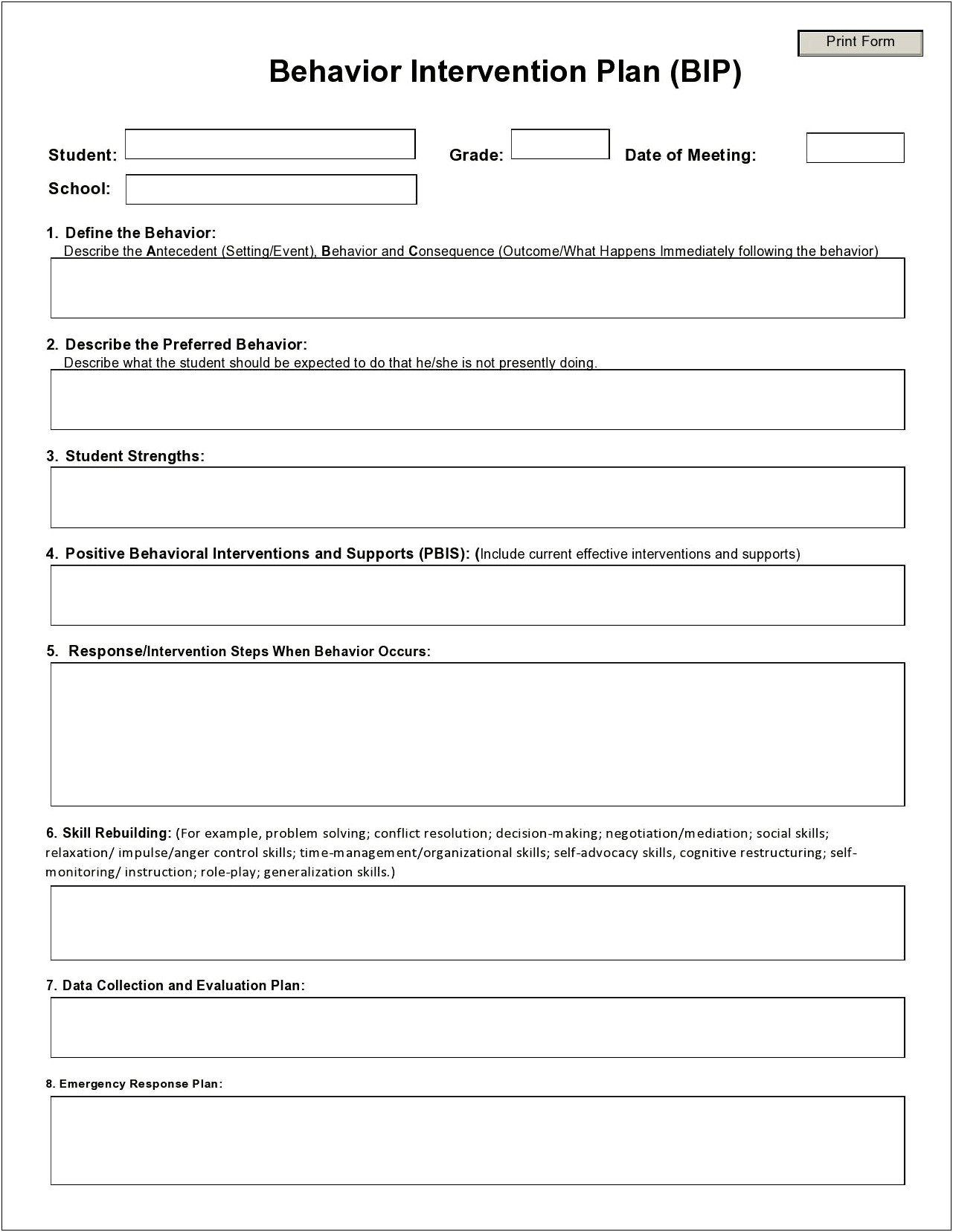 Iep Behavior Plan For Students Template